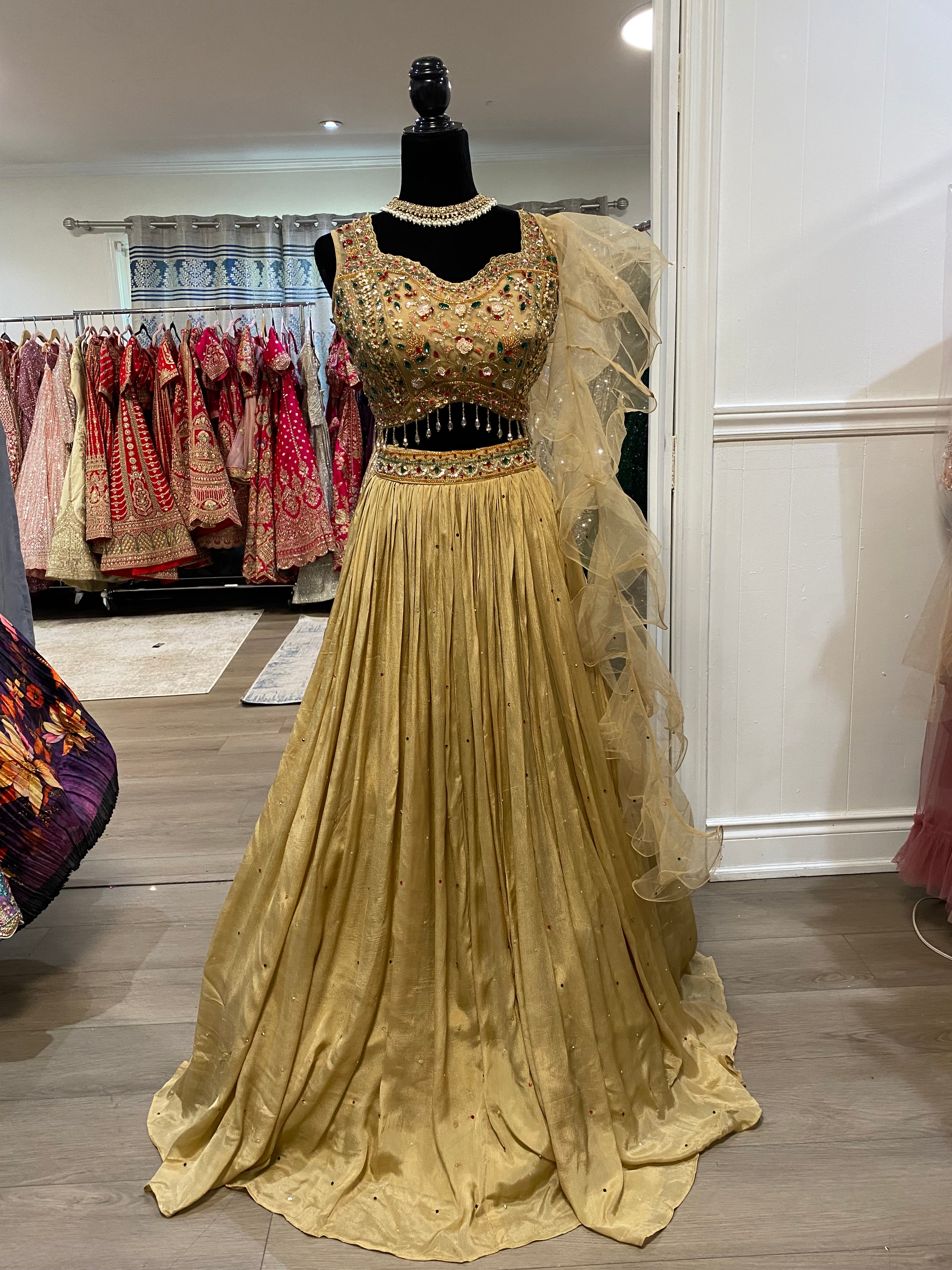 Heavy beaded work with plain lehenga ruffle dhupatta