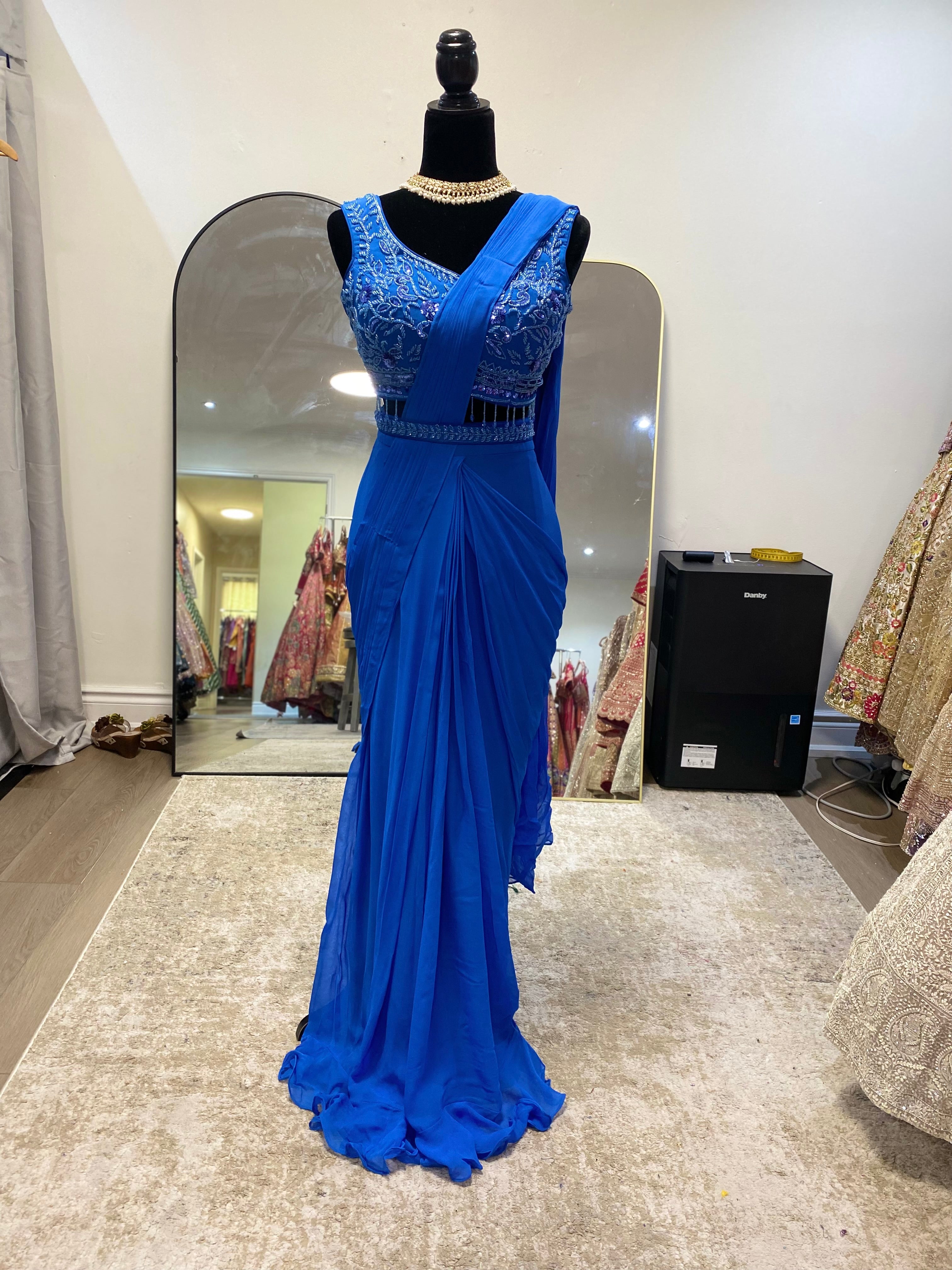Royal blue Pre drape saree