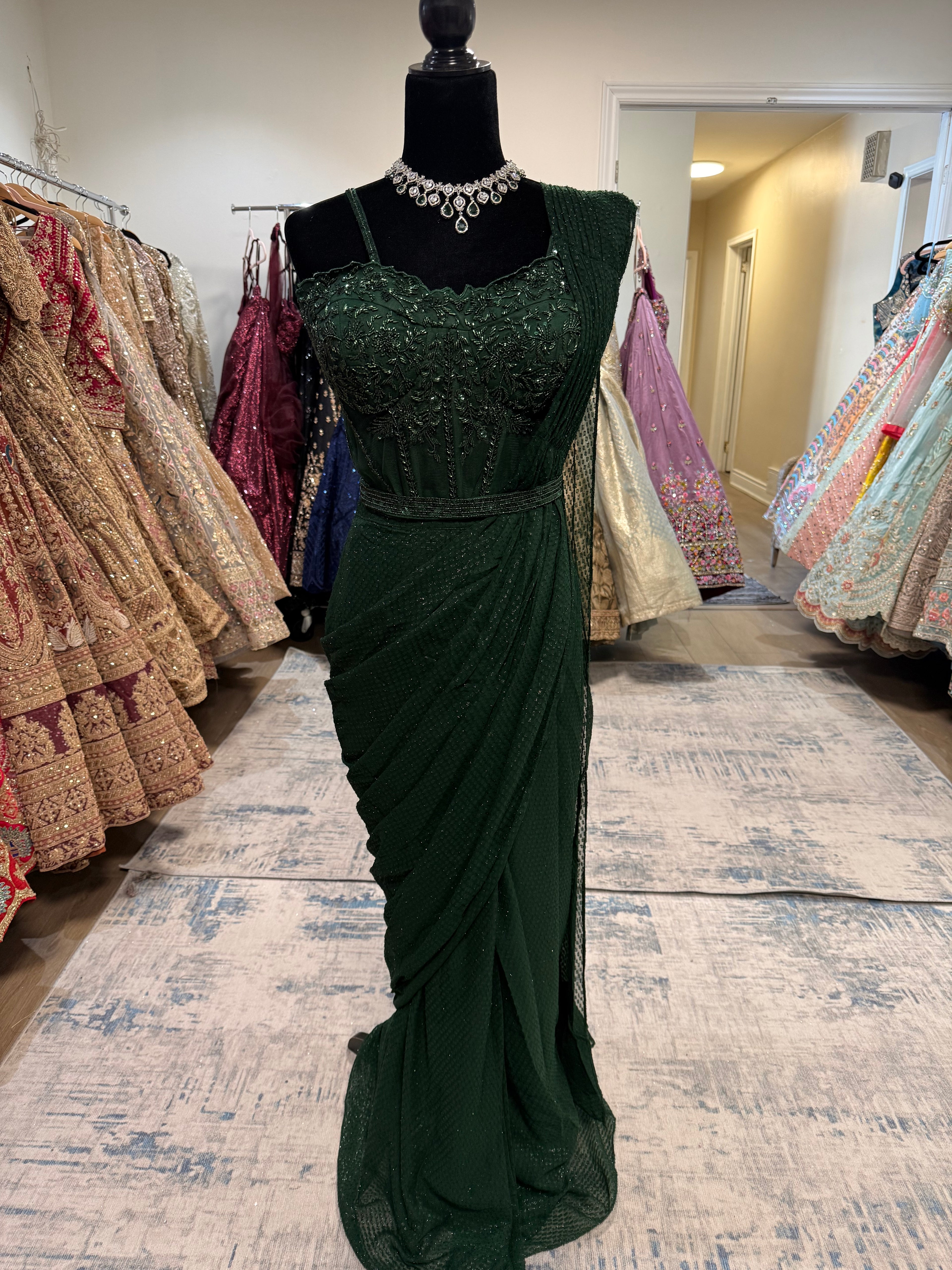 Hand work corset top with pre drape saree