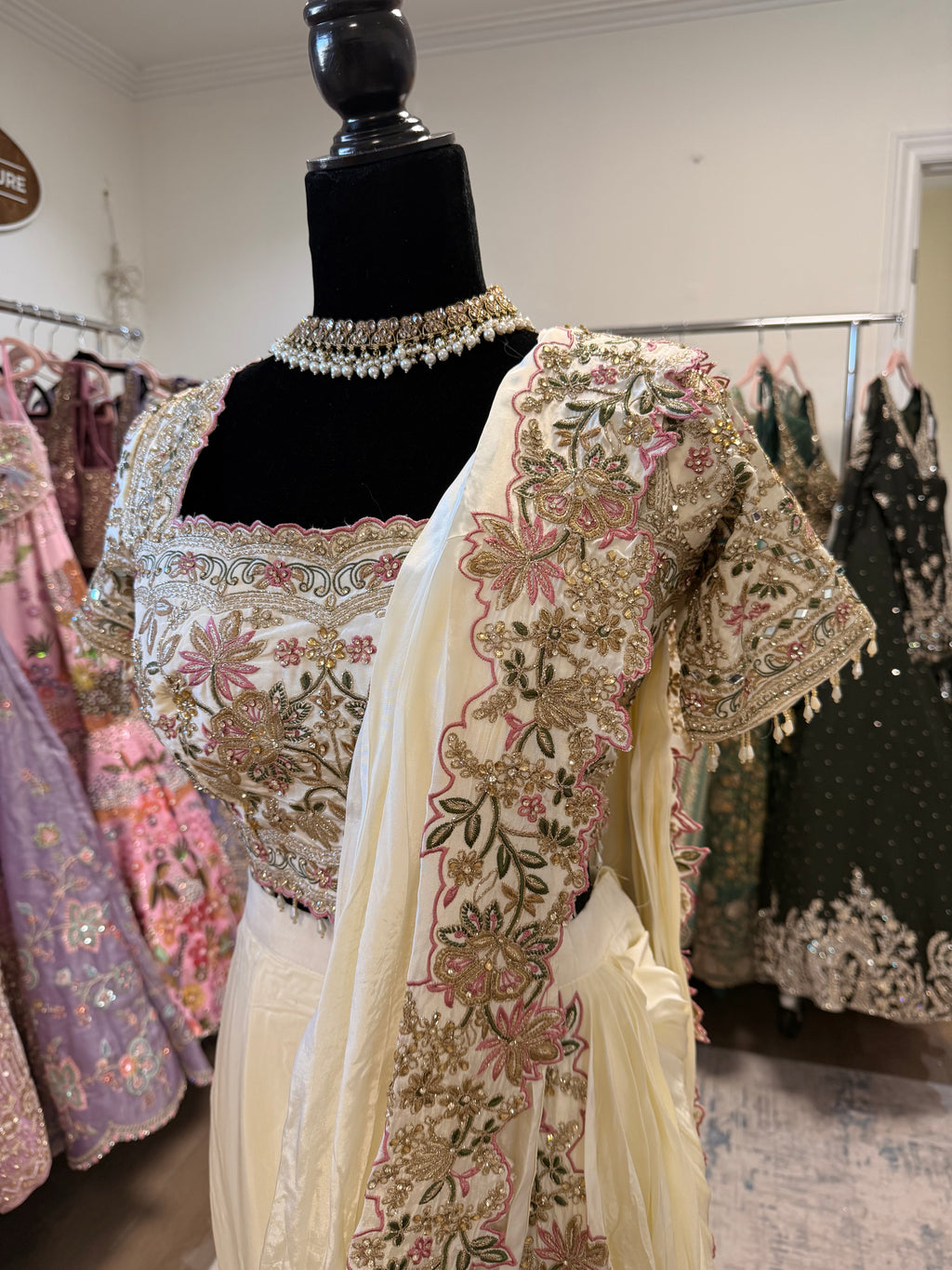 Hand work top with pre drape saree