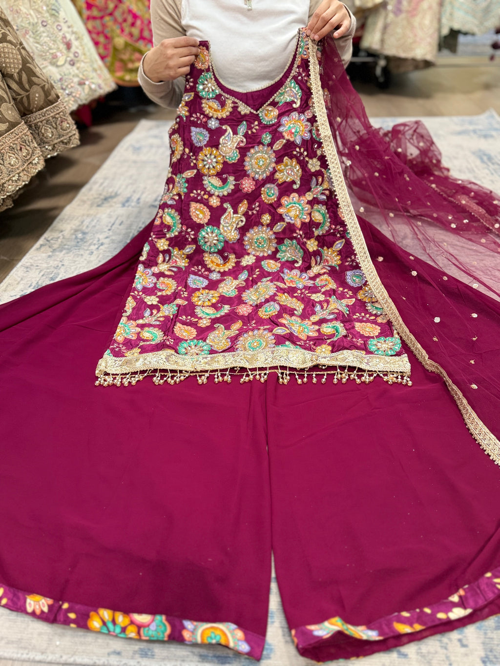 Magenta Embroidered palazoo suit – Kanada Kulture