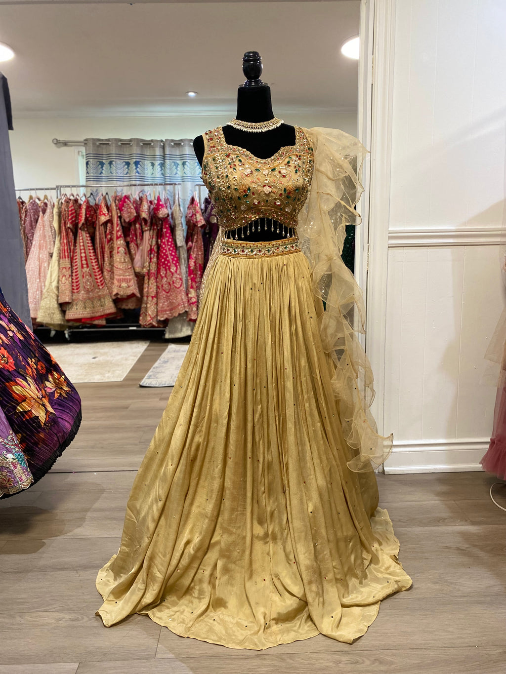 Heavy beaded work with plain lehenga ruffle dhupatta