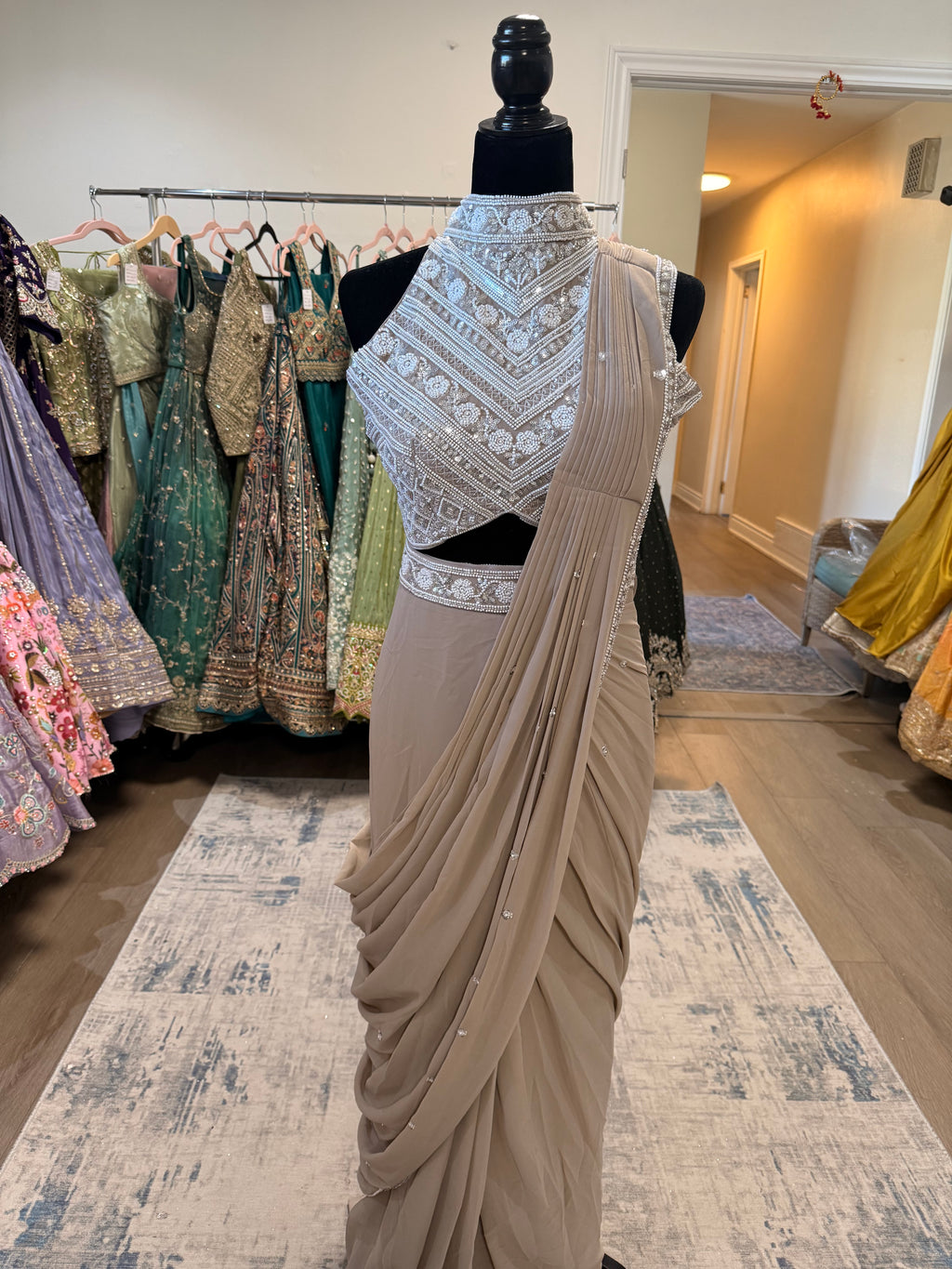Hand work top with pre drape saree