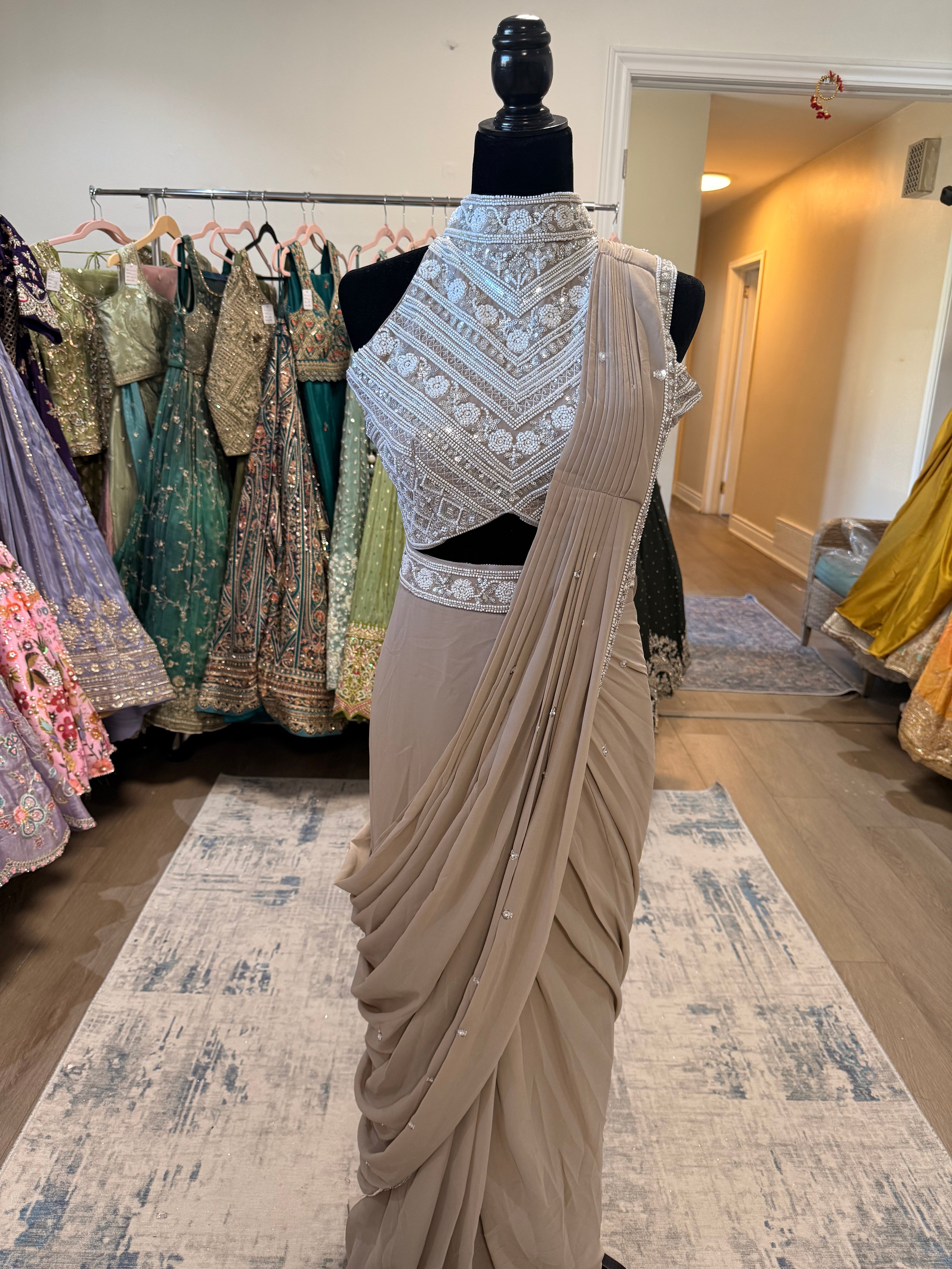 Hand work top with pre drape saree
