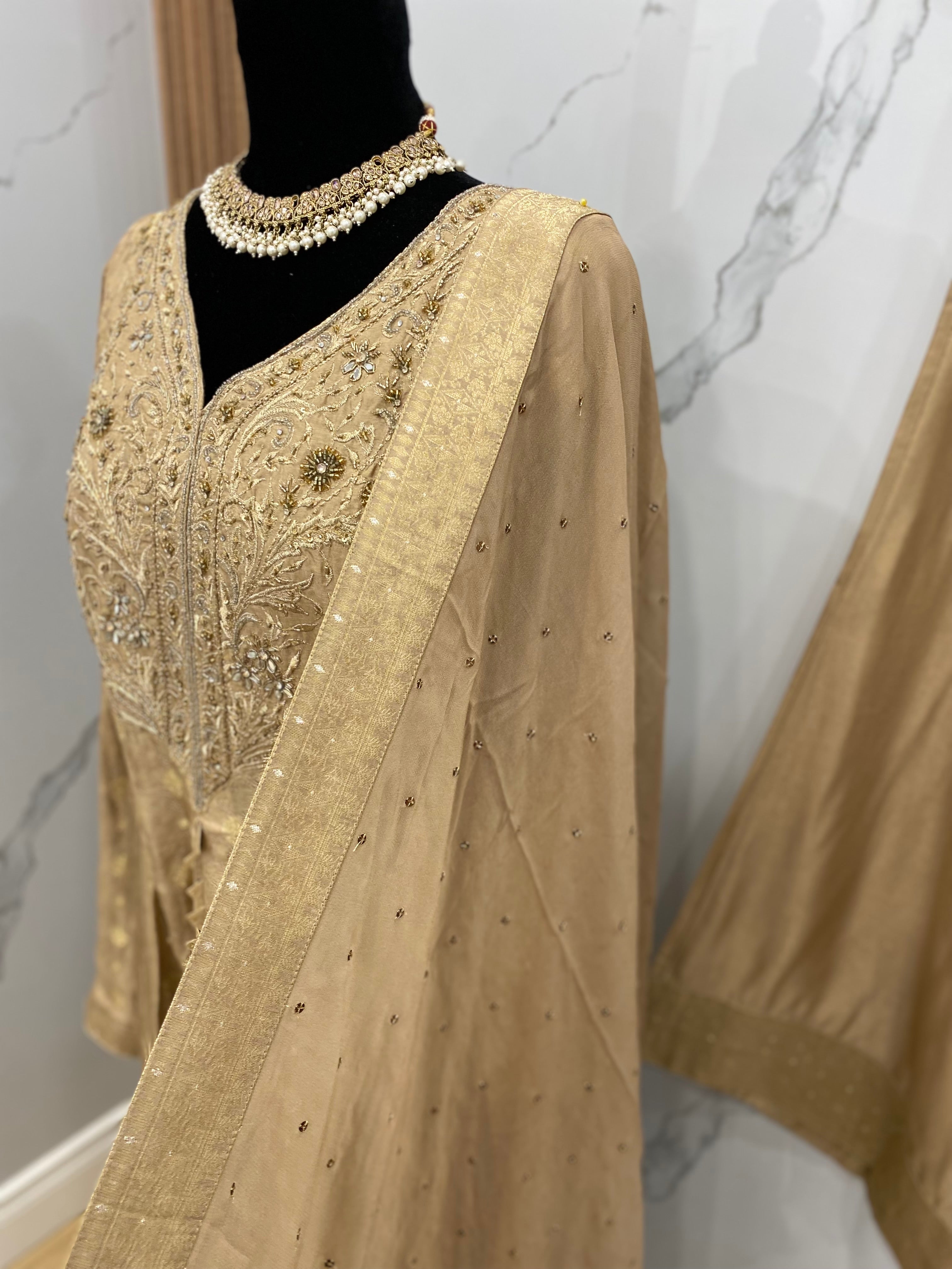 Designer front slit embroidered silk suit