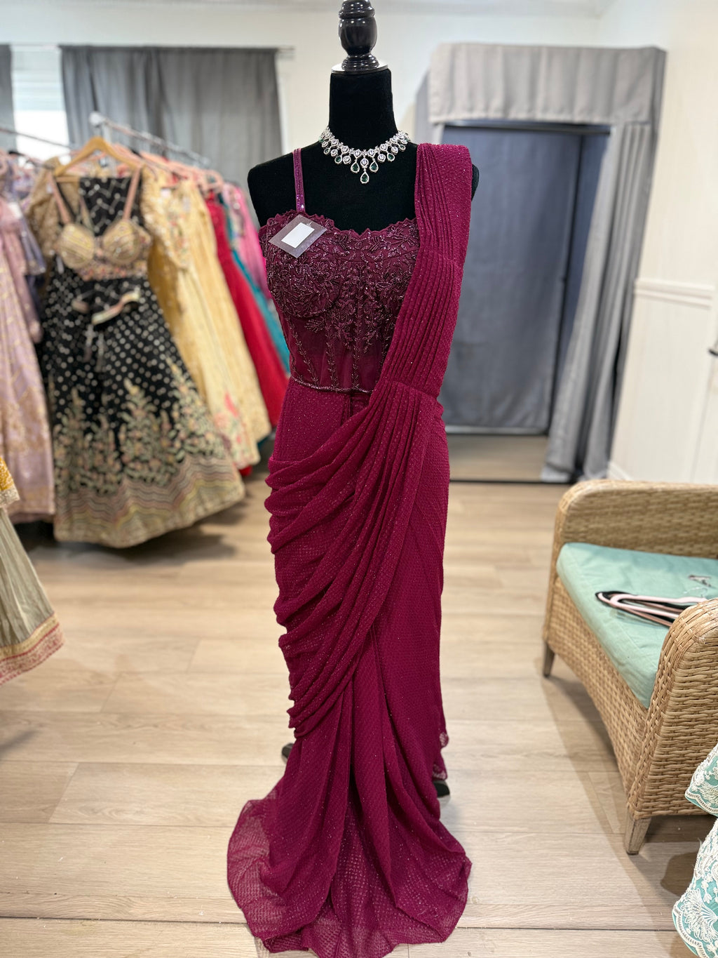 Hand work corset top with pre drape saree