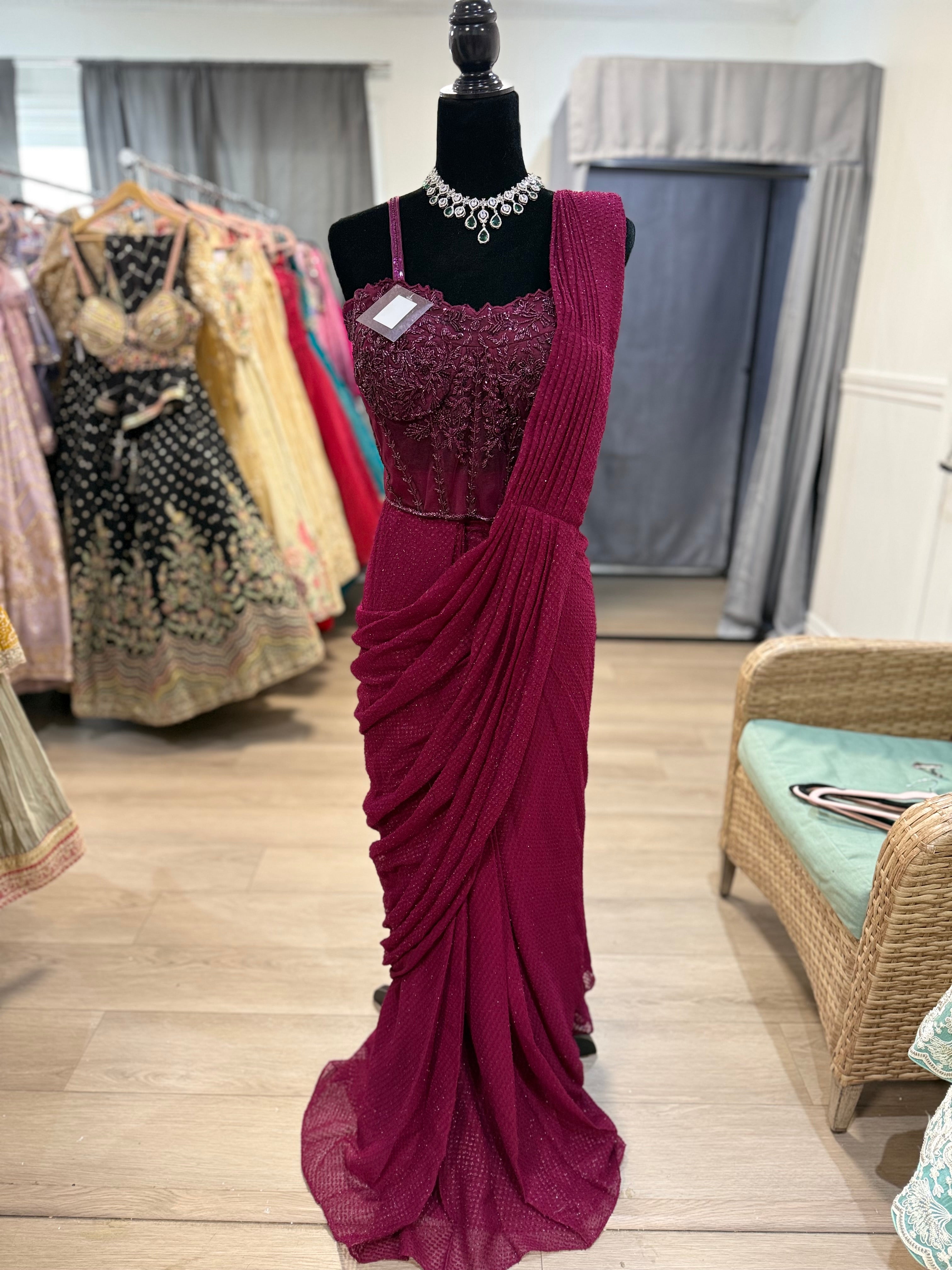 Hand work corset top with pre drape saree