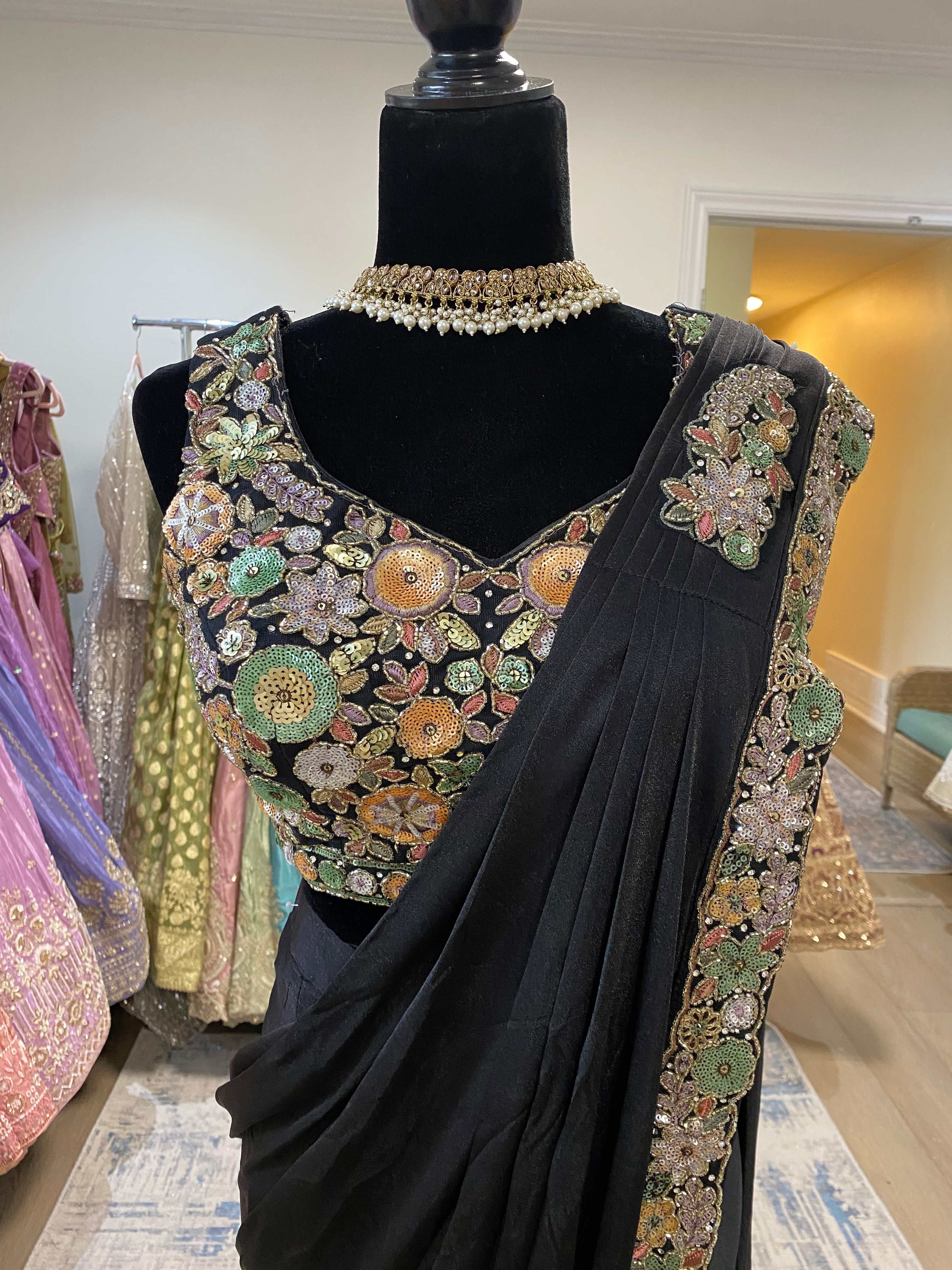 Hand work top with pre drape saree