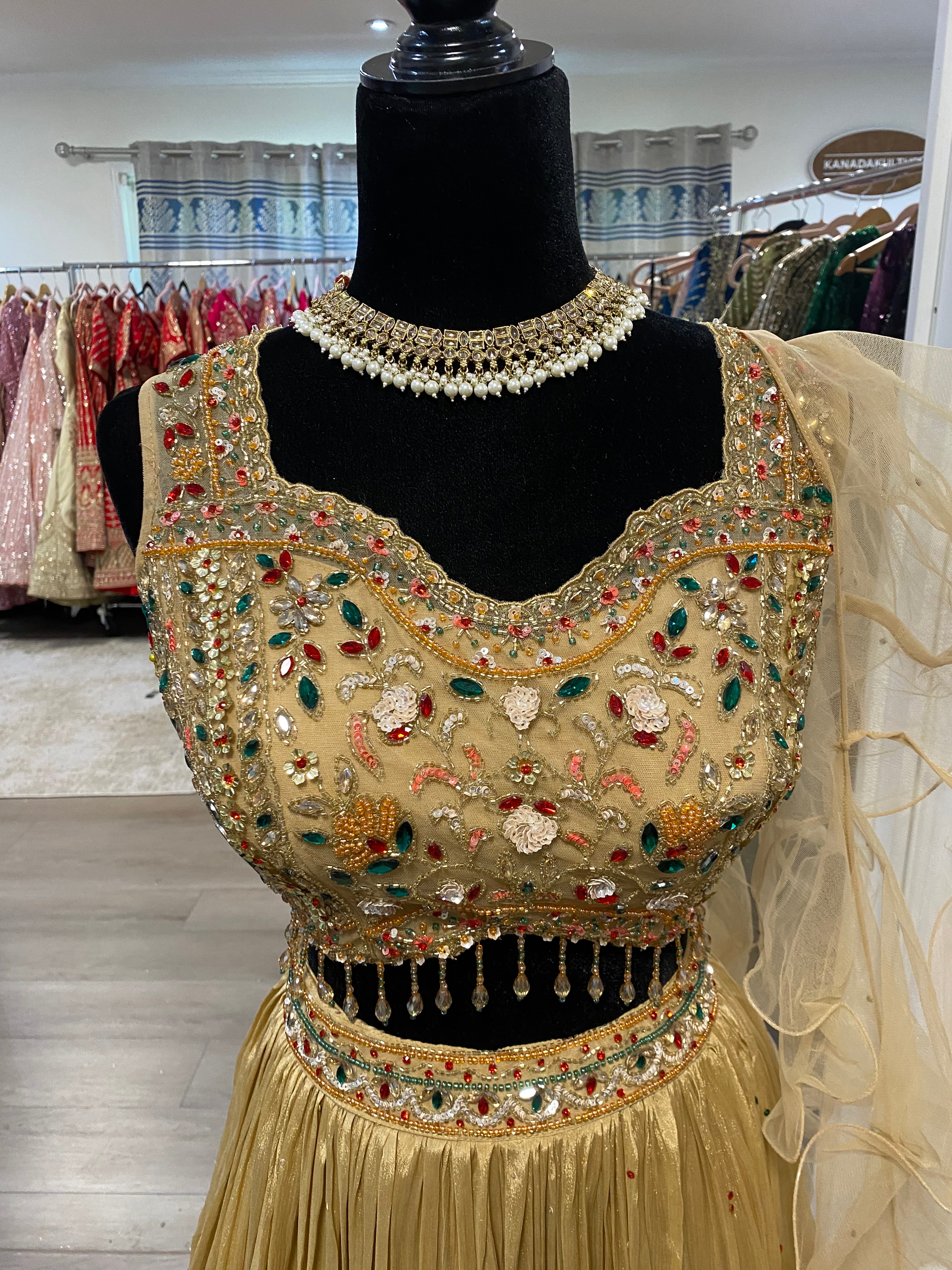 Heavy beaded work with plain lehenga ruffle dhupatta