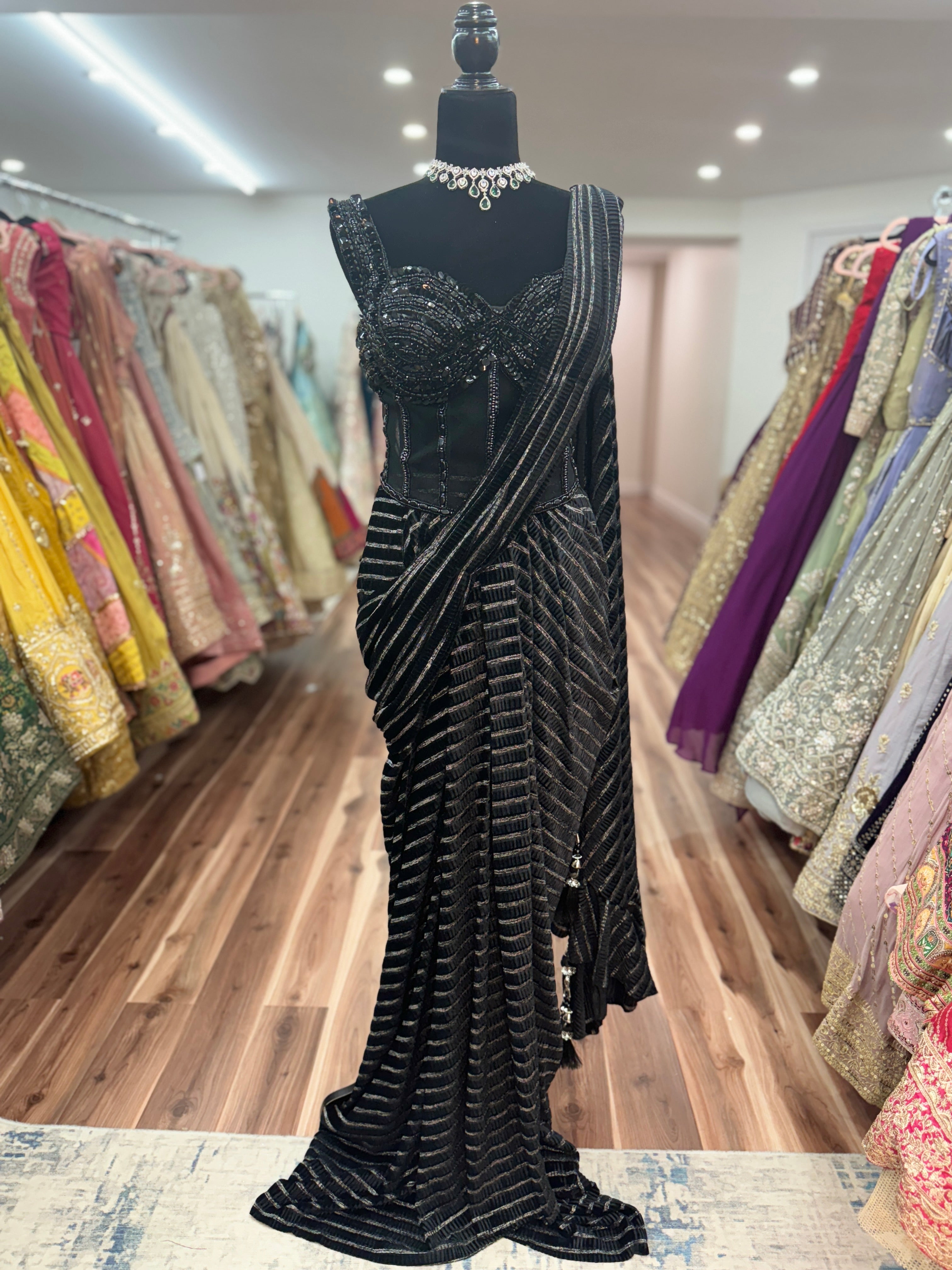 Black hand work top with pre drape saree