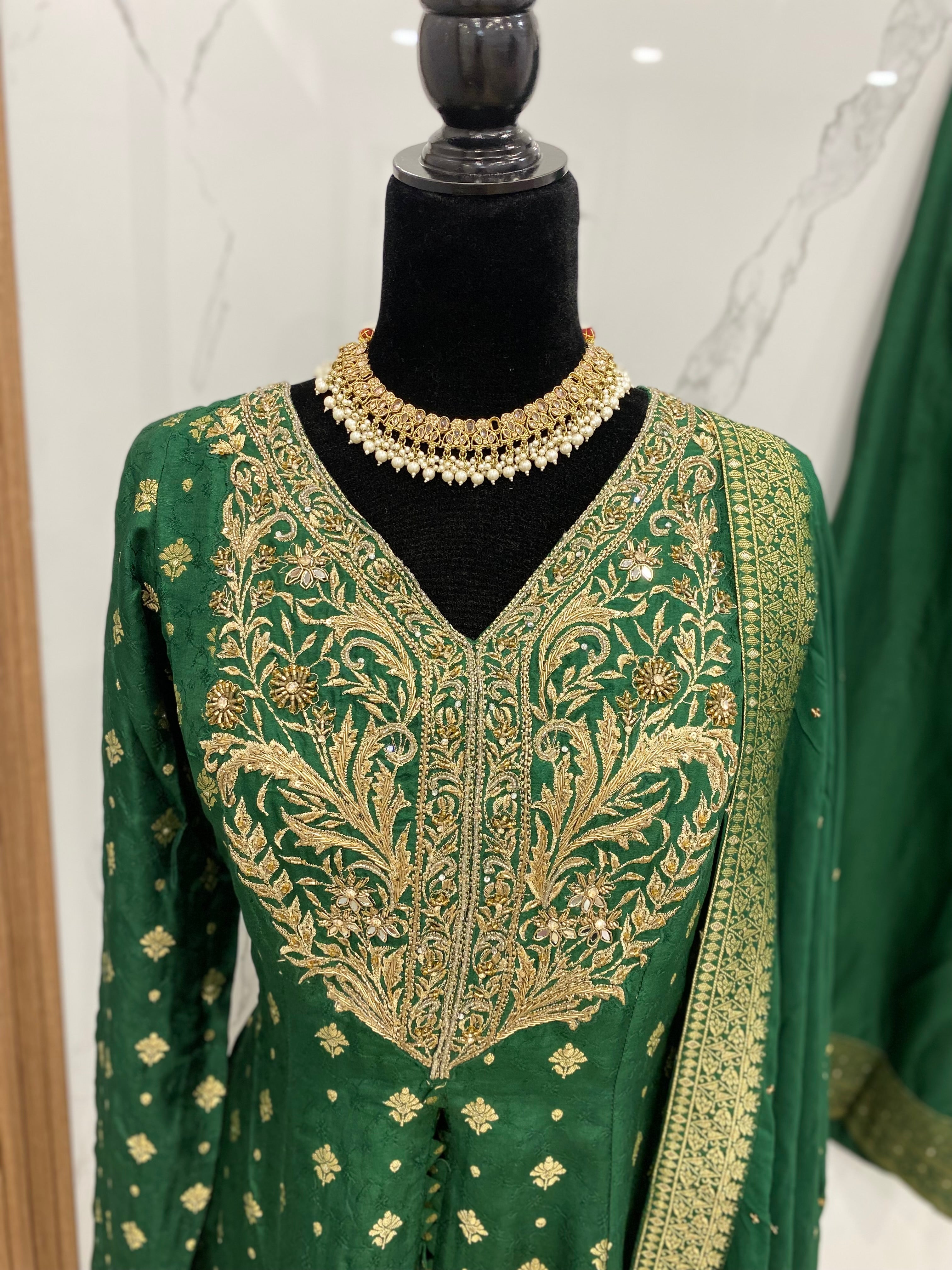 Designer front slit embroidered silk suit