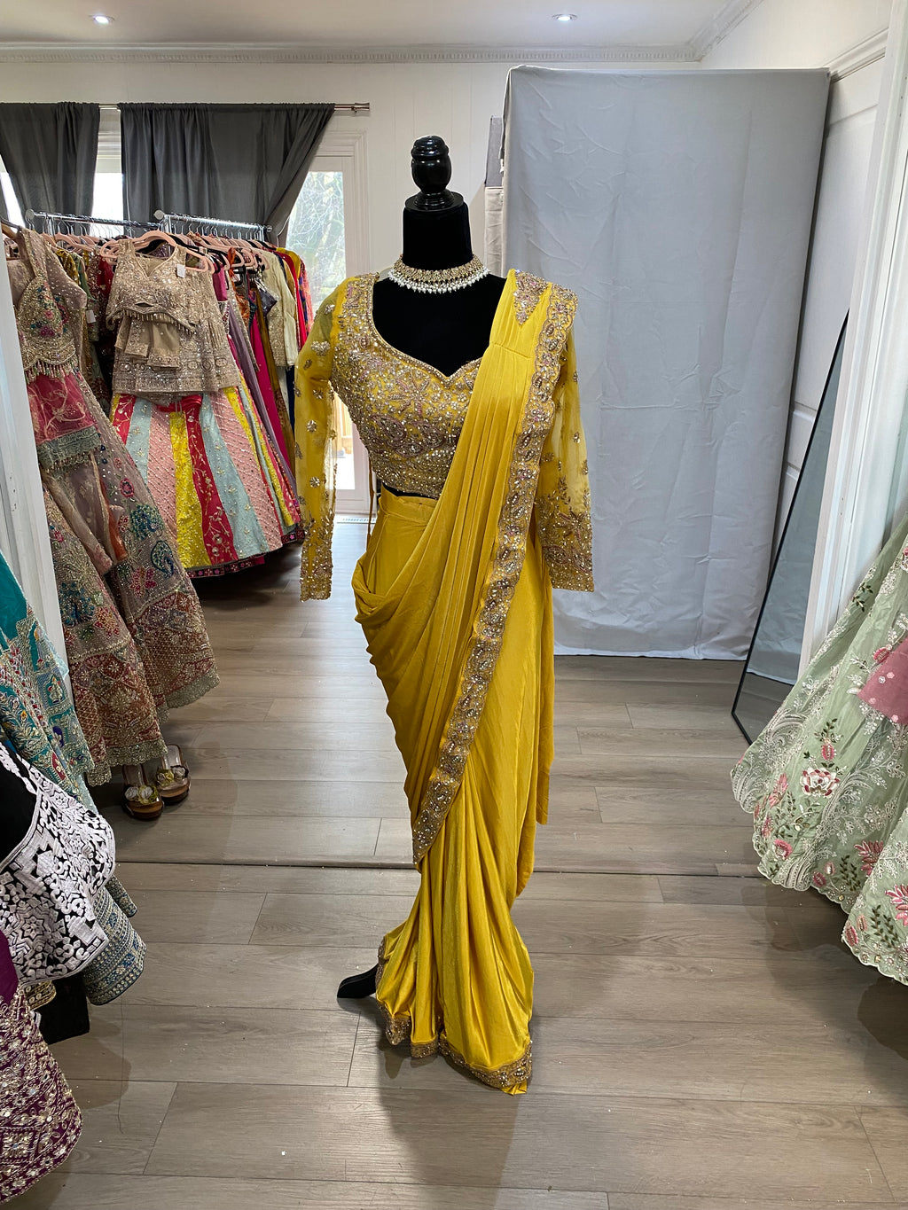 Hand work top with pre drape saree
