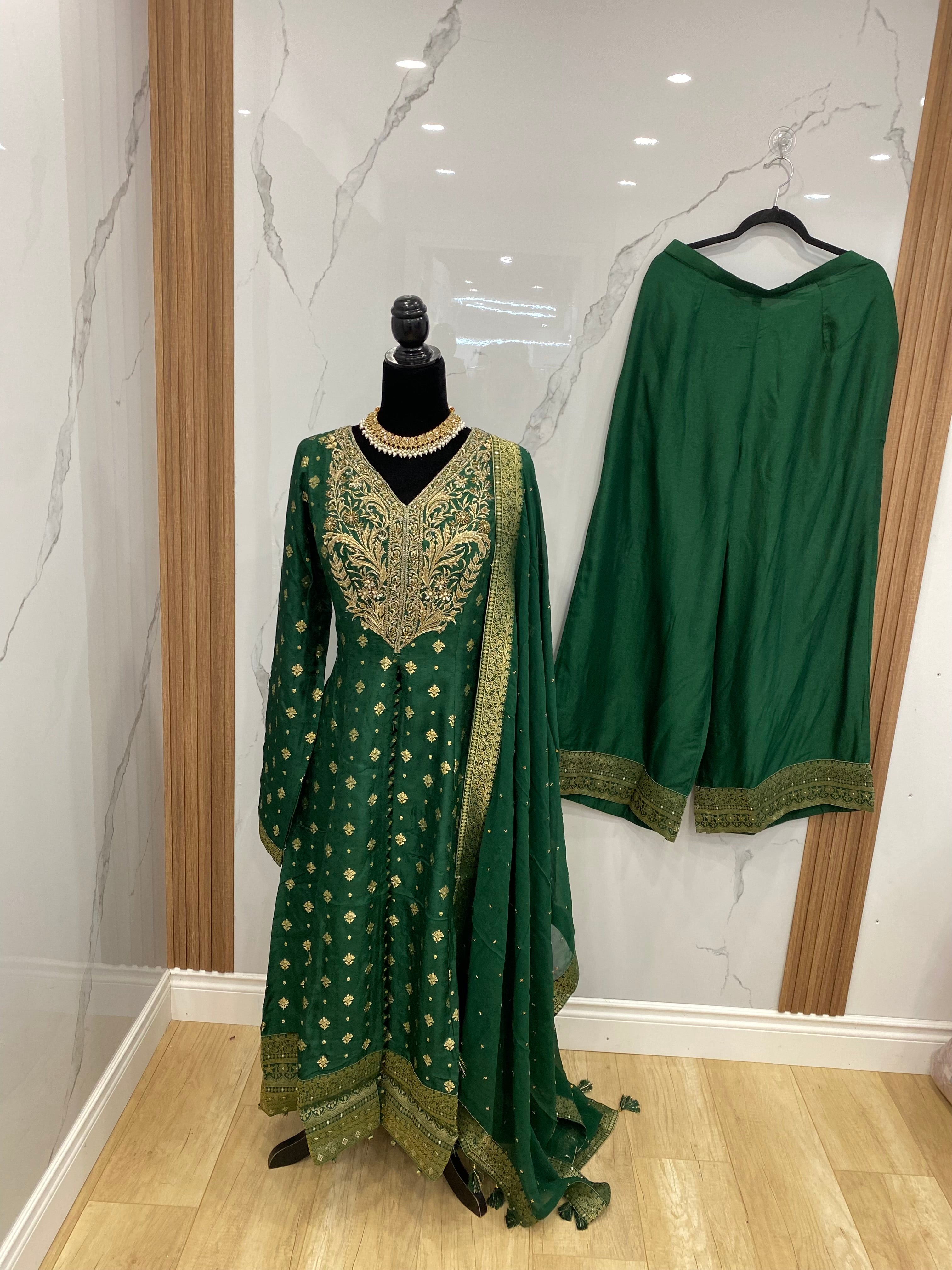 Designer front slit embroidered silk suit