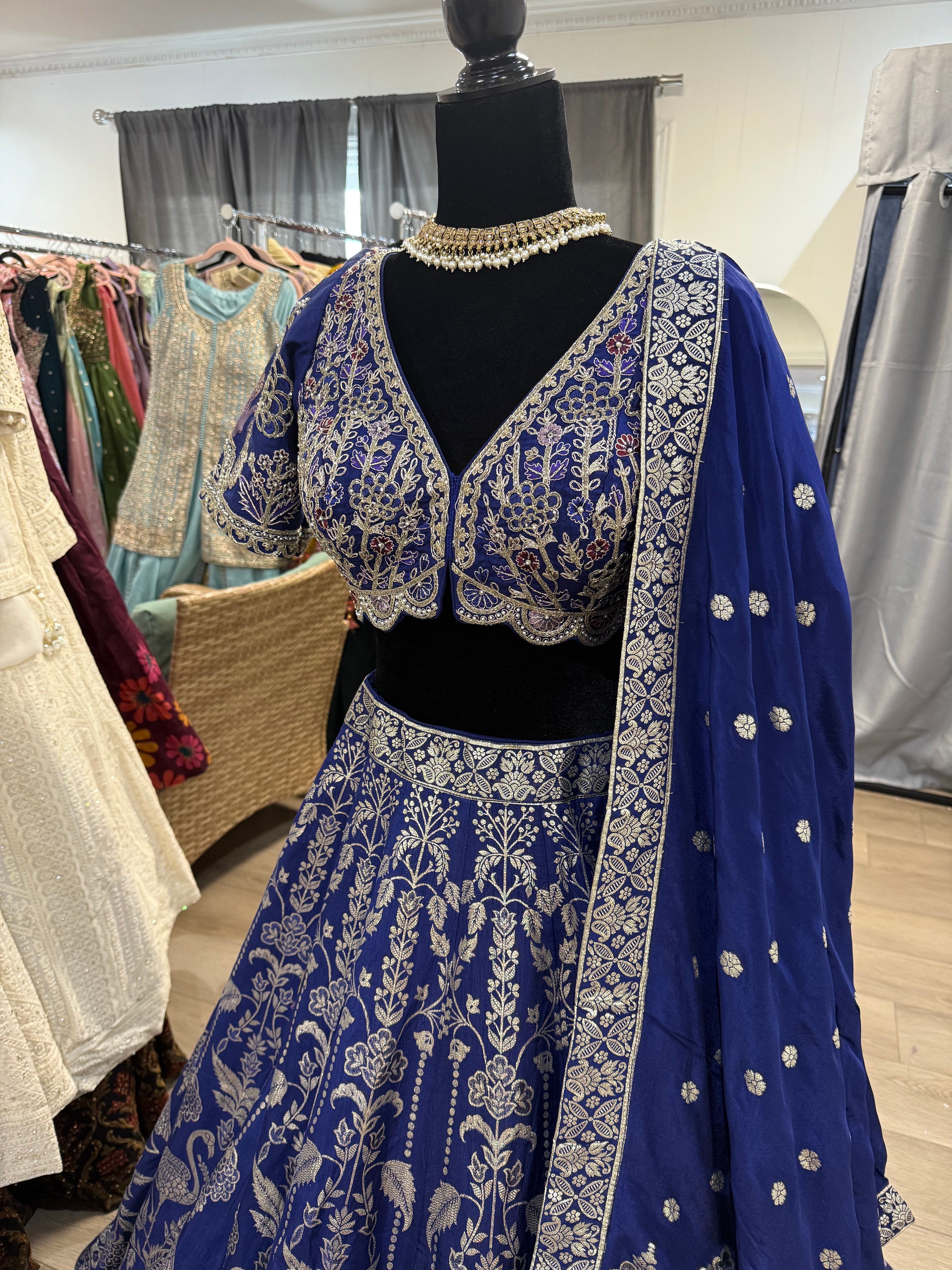 Royal blue silk lehenga choli with pocket in a skirt