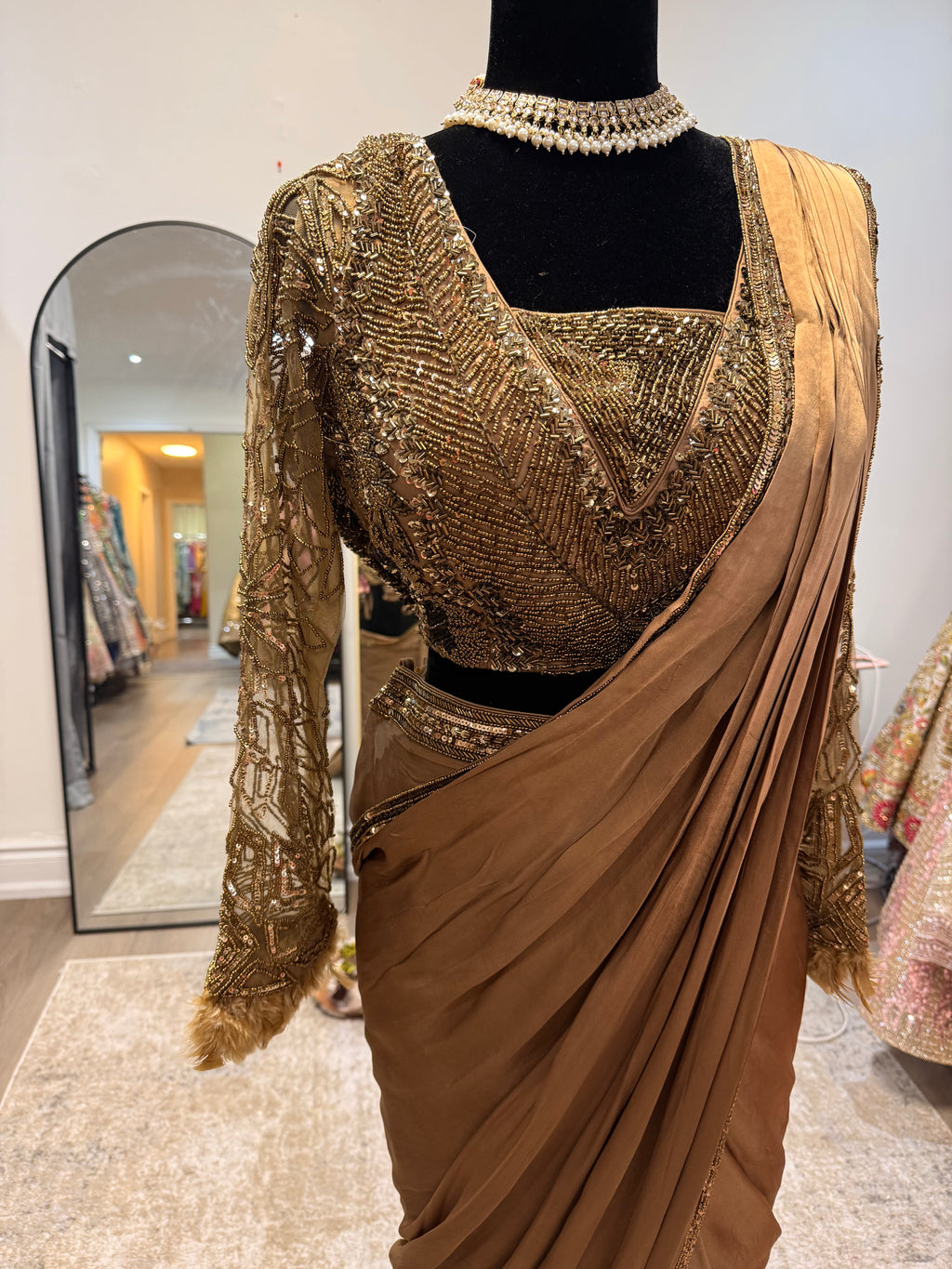 Hand work top with pre drape saree