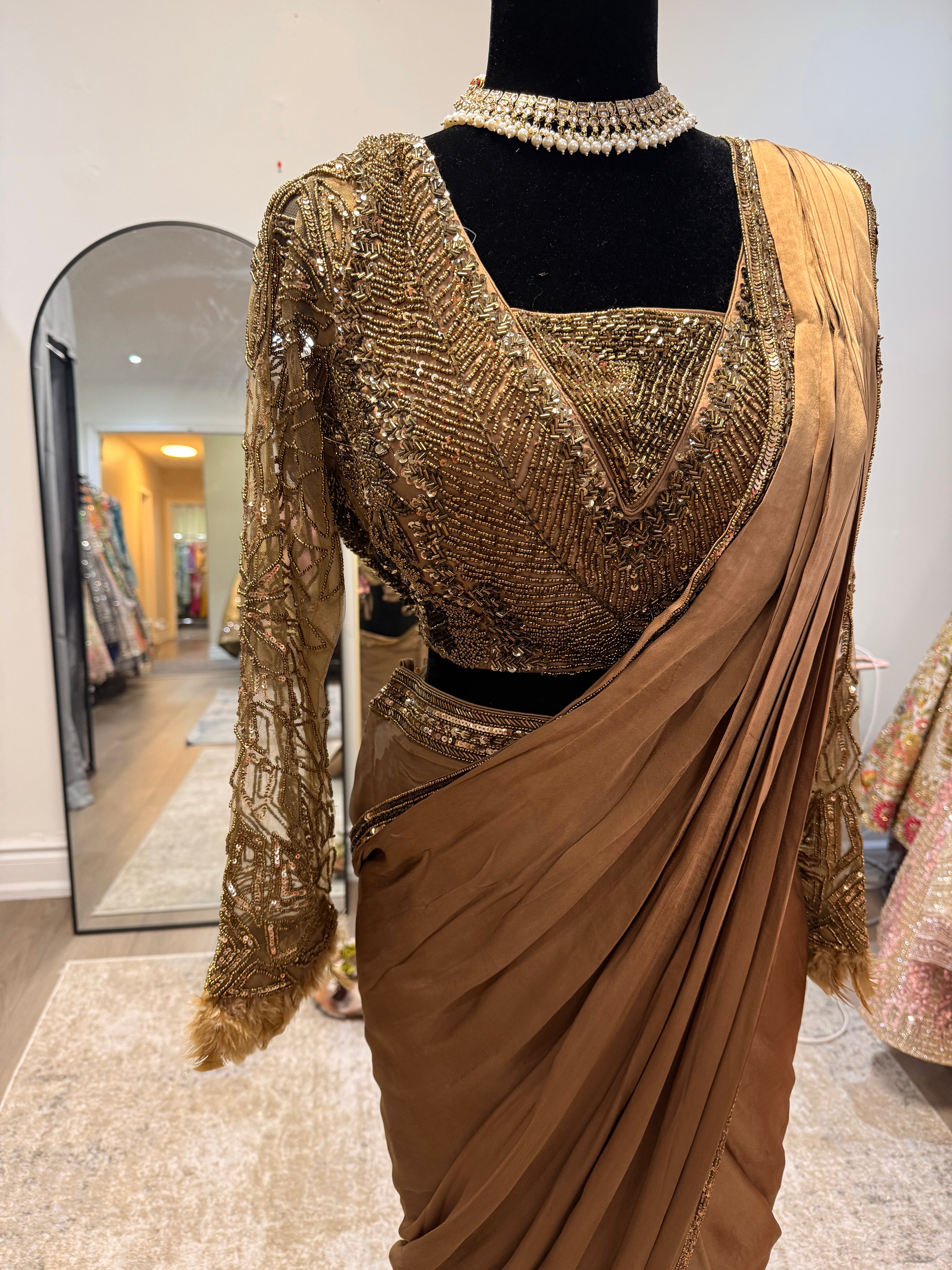 Hand work top with pre drape saree