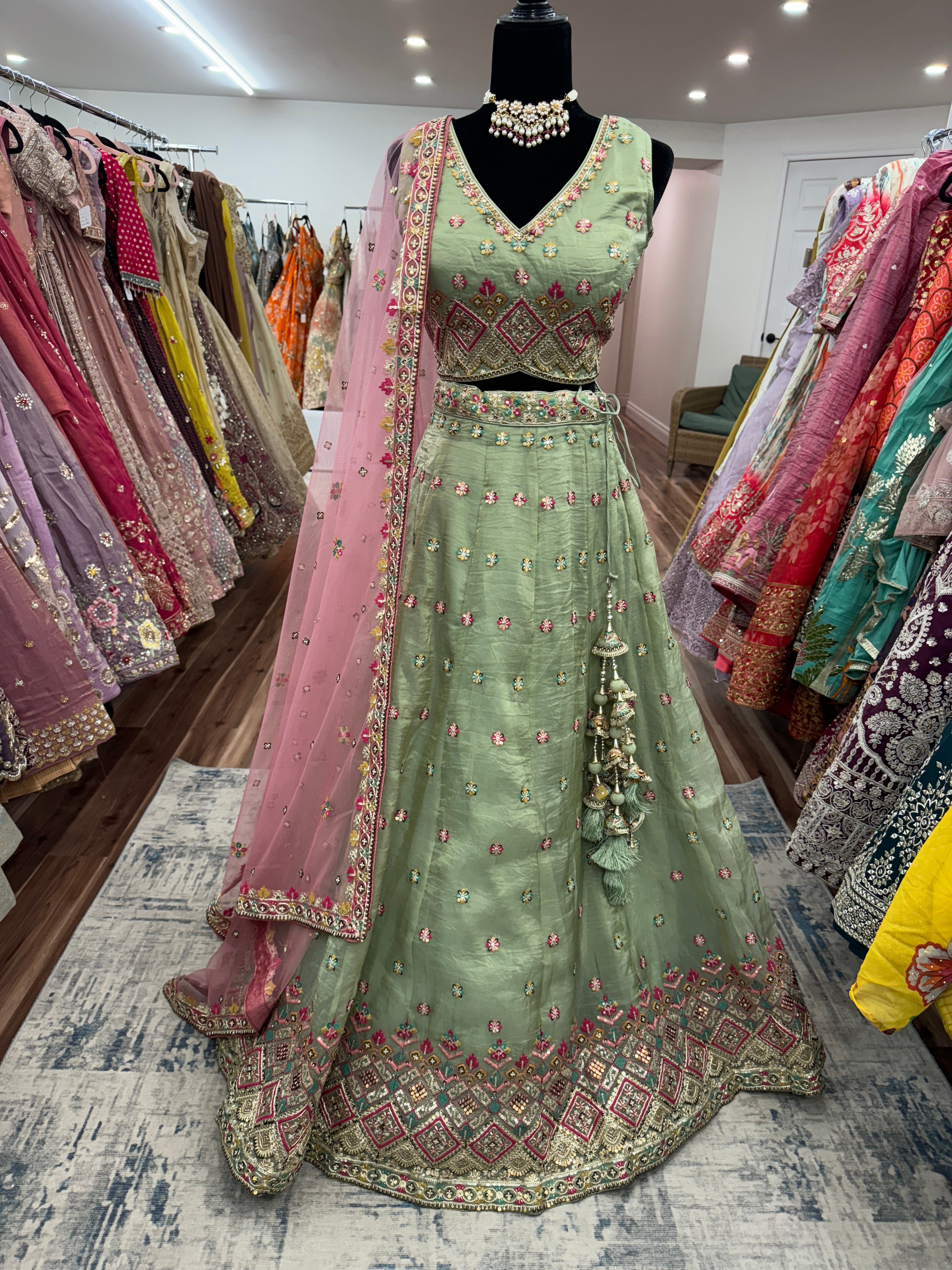 Regal Pista Green Multi-Thread Work Event Wear Lehenga Choli