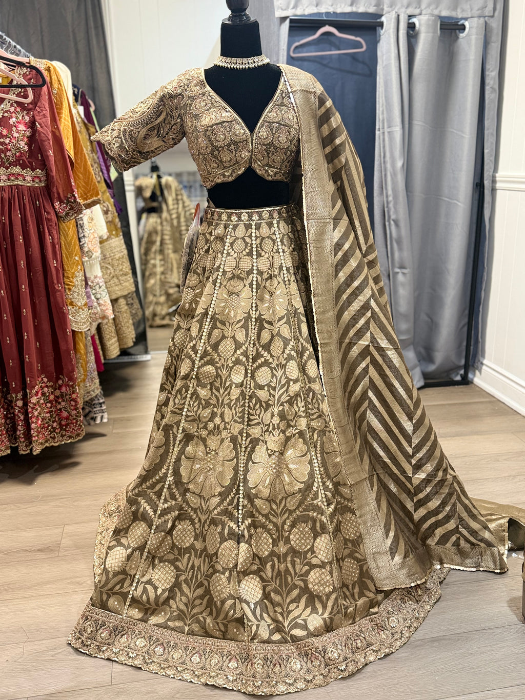 Beautiful grey gold choli with lehenga