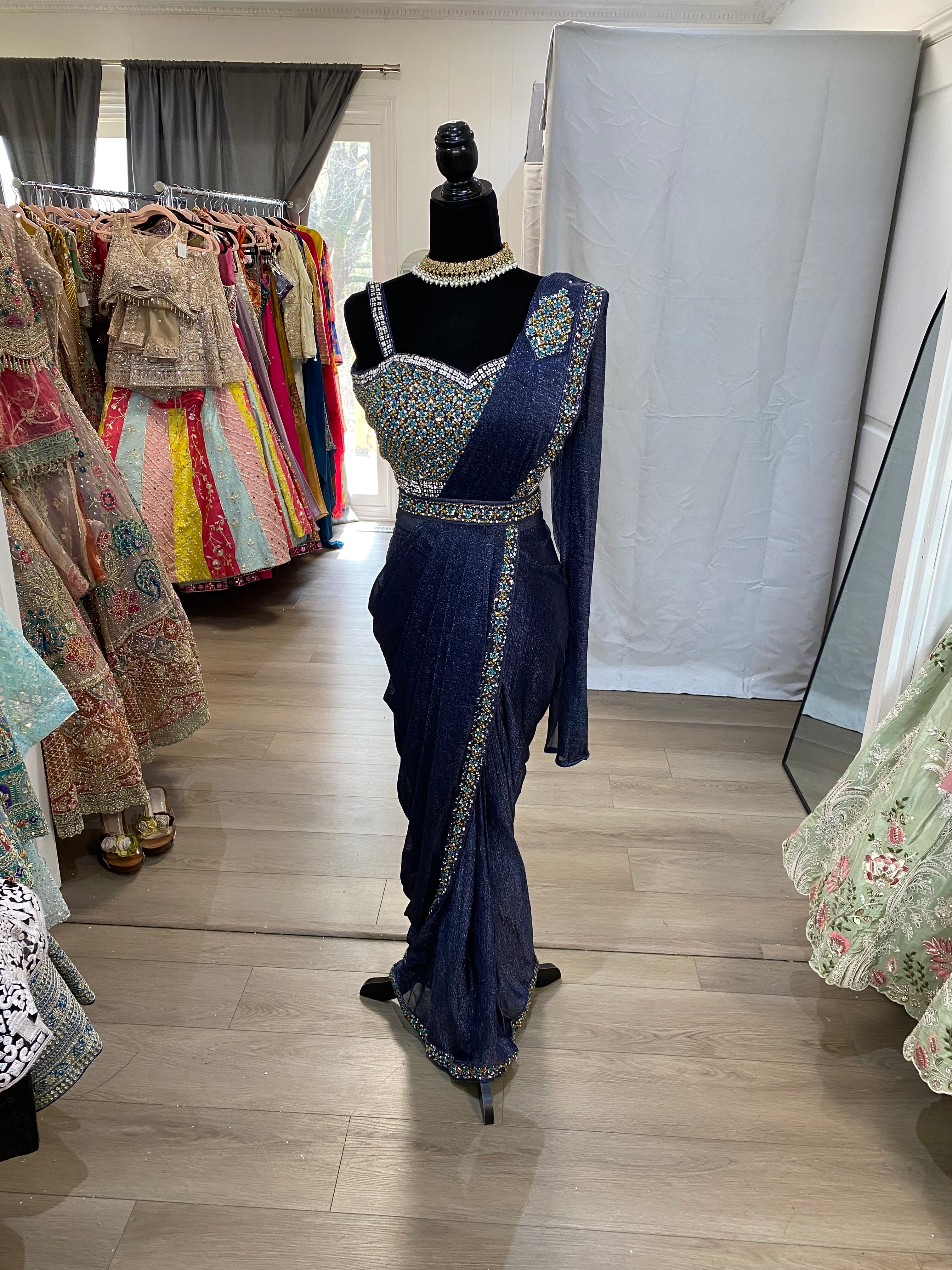 Hand work top with pre drape saree
