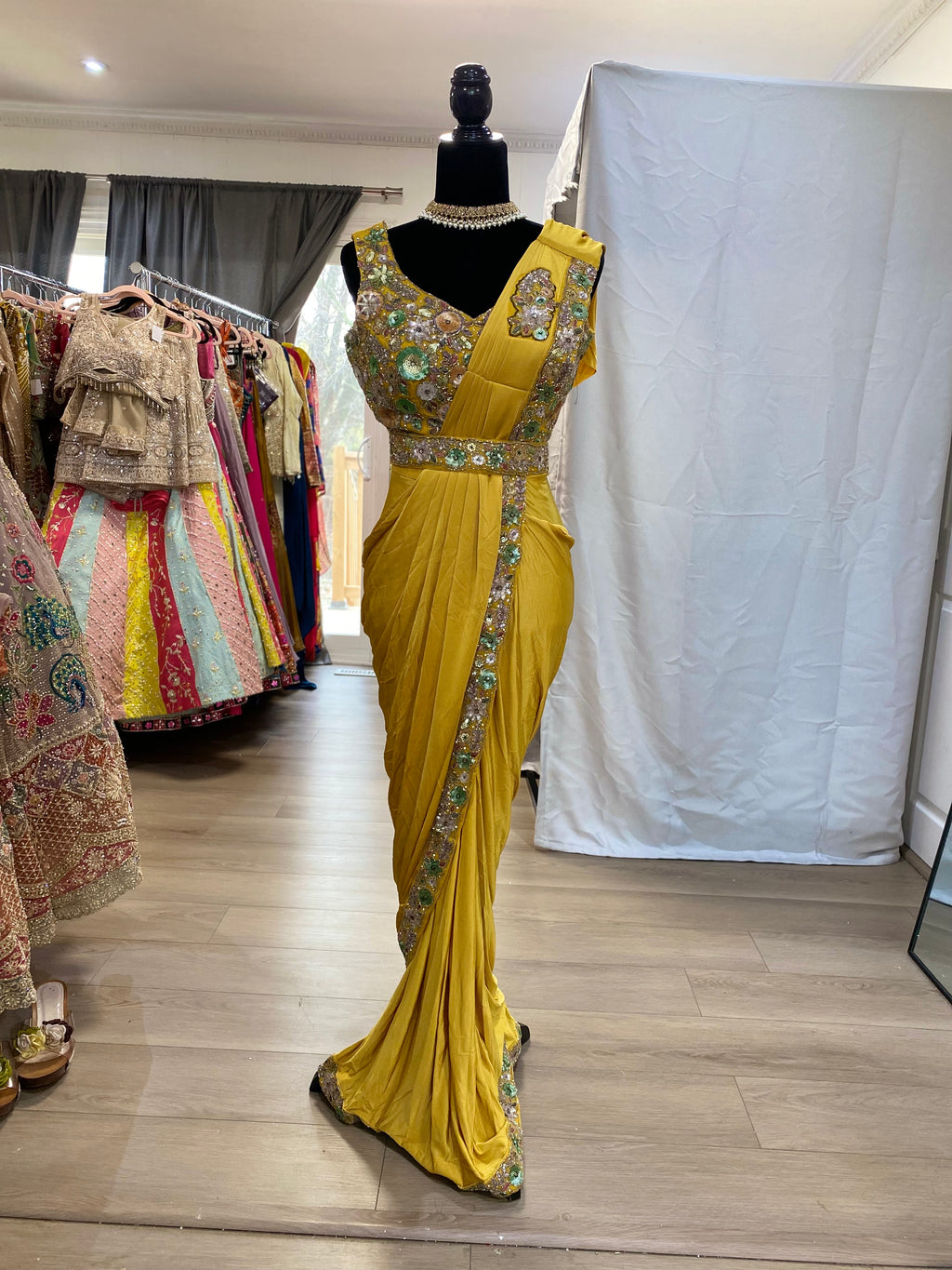 Hand work top with pre drape saree