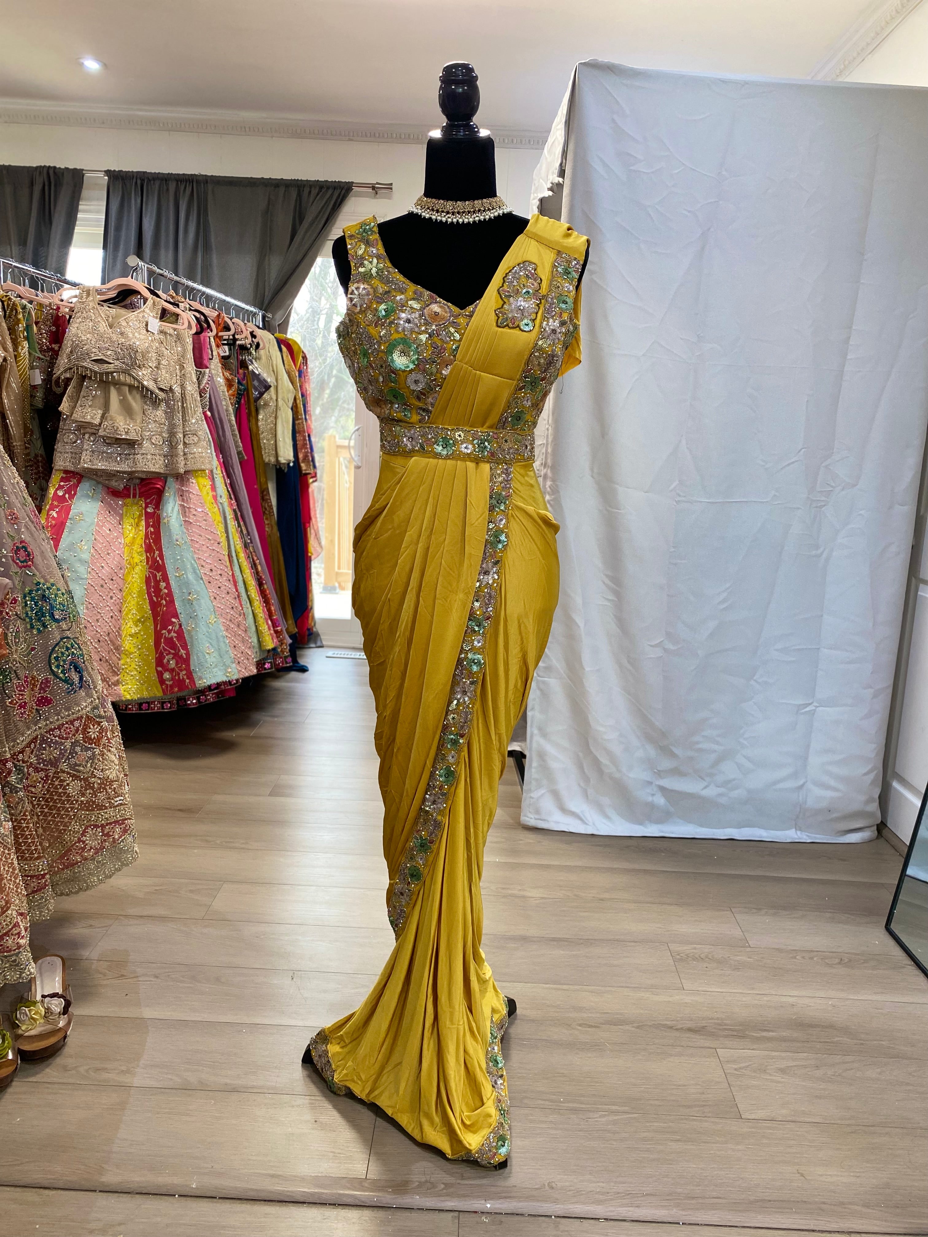 Hand work top with pre drape saree