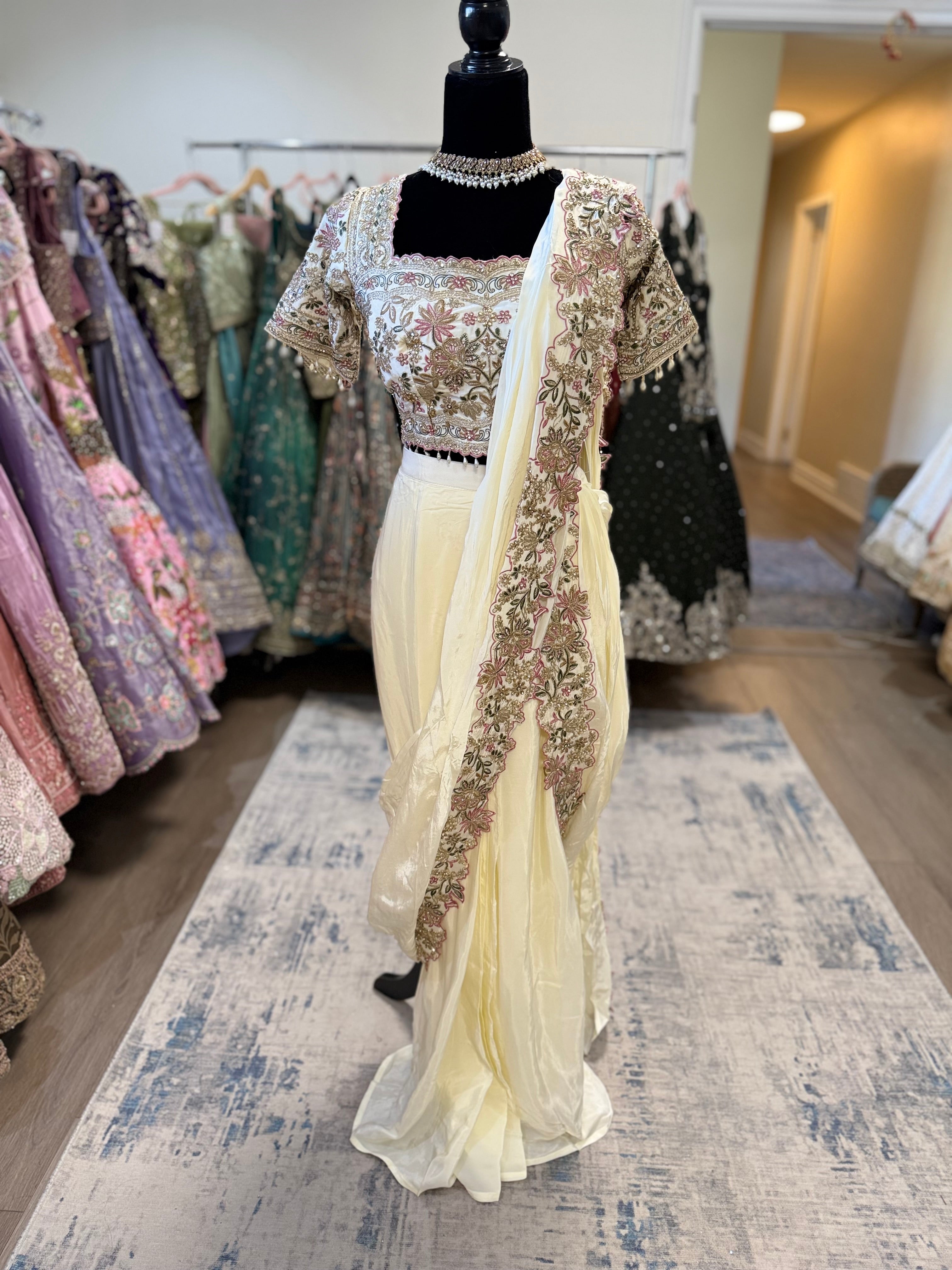 Hand work top with pre drape saree