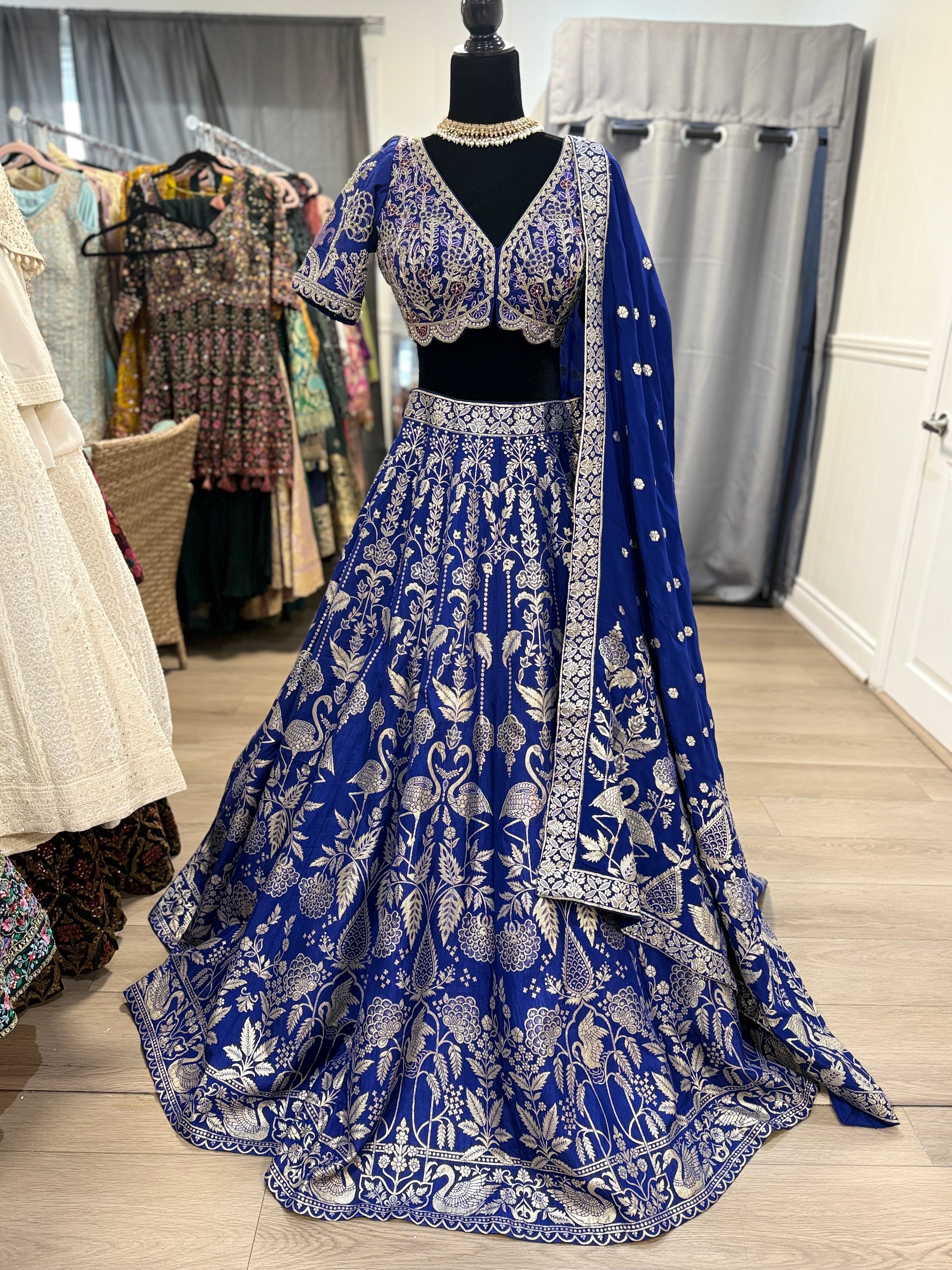Royal blue silk lehenga choli with pocket in a skirt