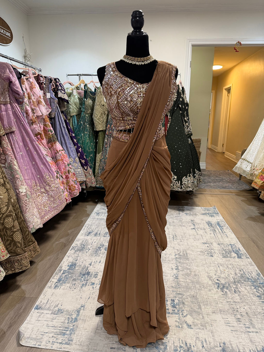 Hand work top with pre drape saree