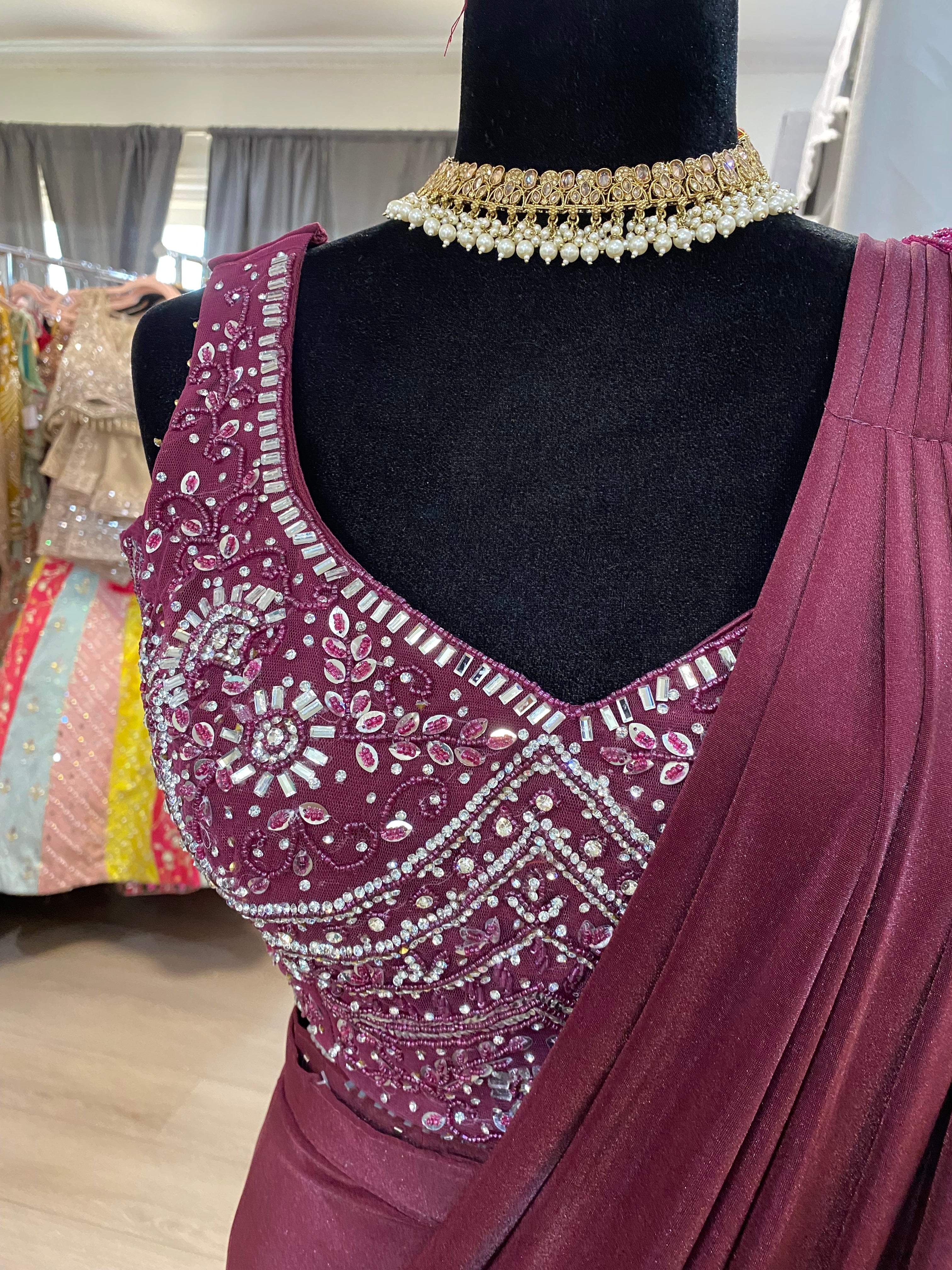 Hand work top with pre drape saree