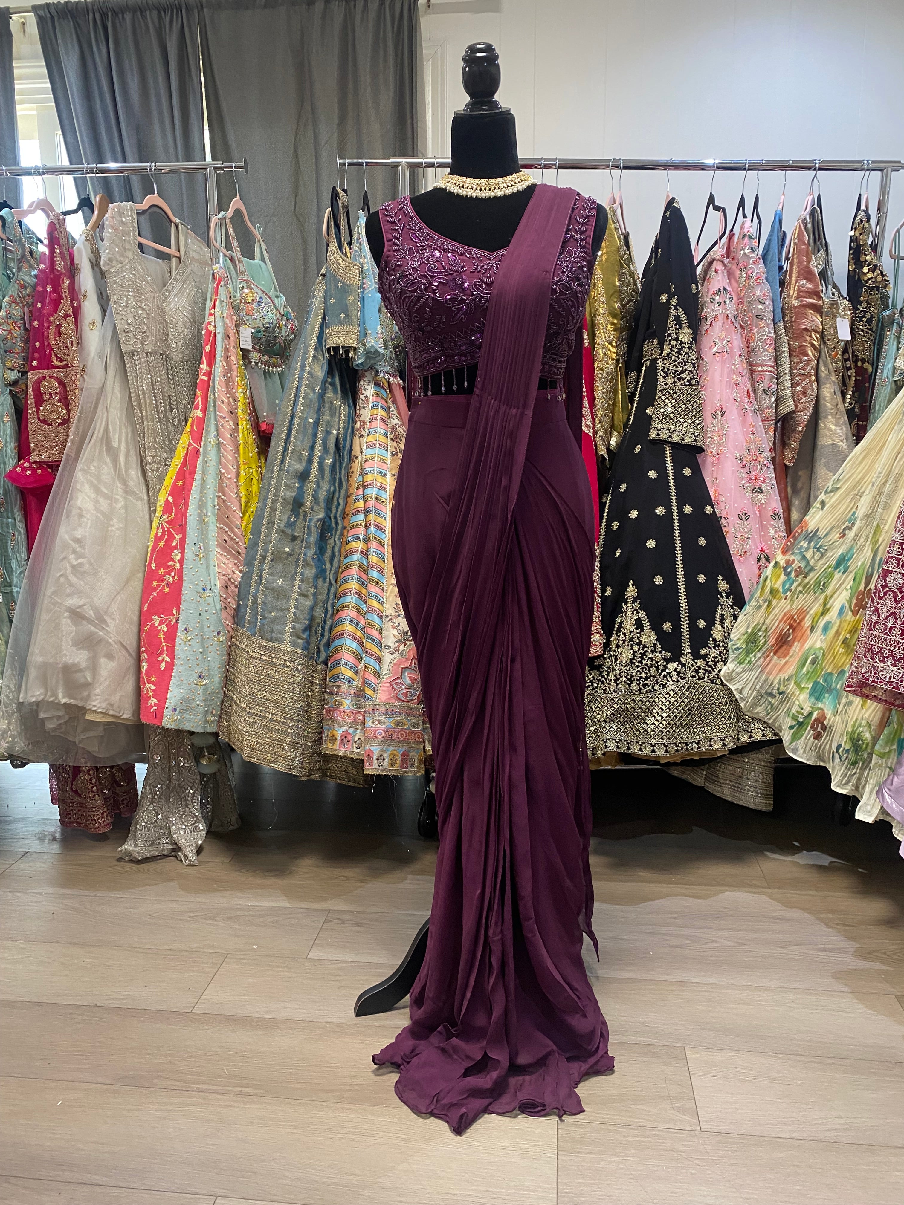 Dark plum Pre drape saree