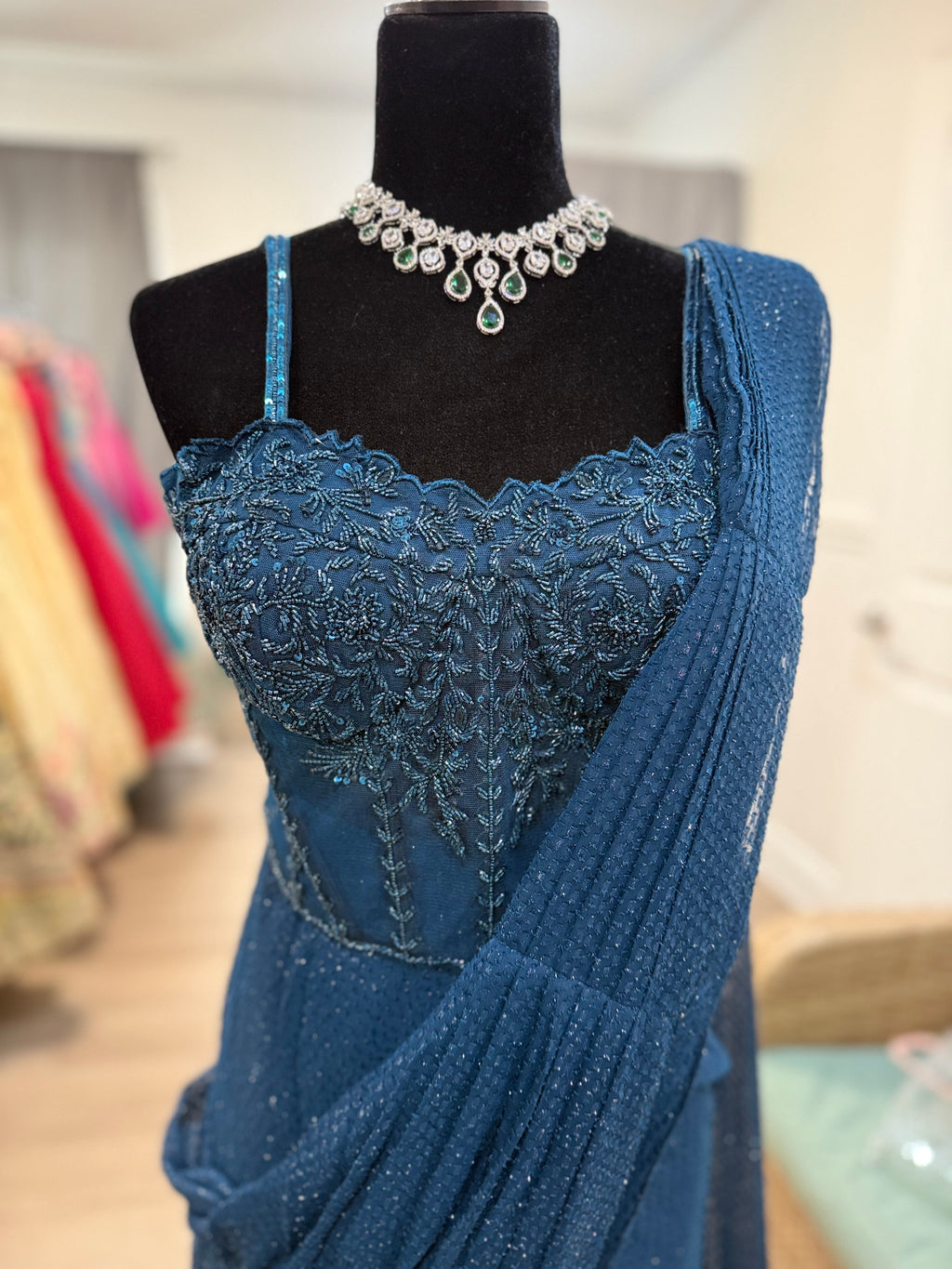 Hand work corset top with pre drape saree