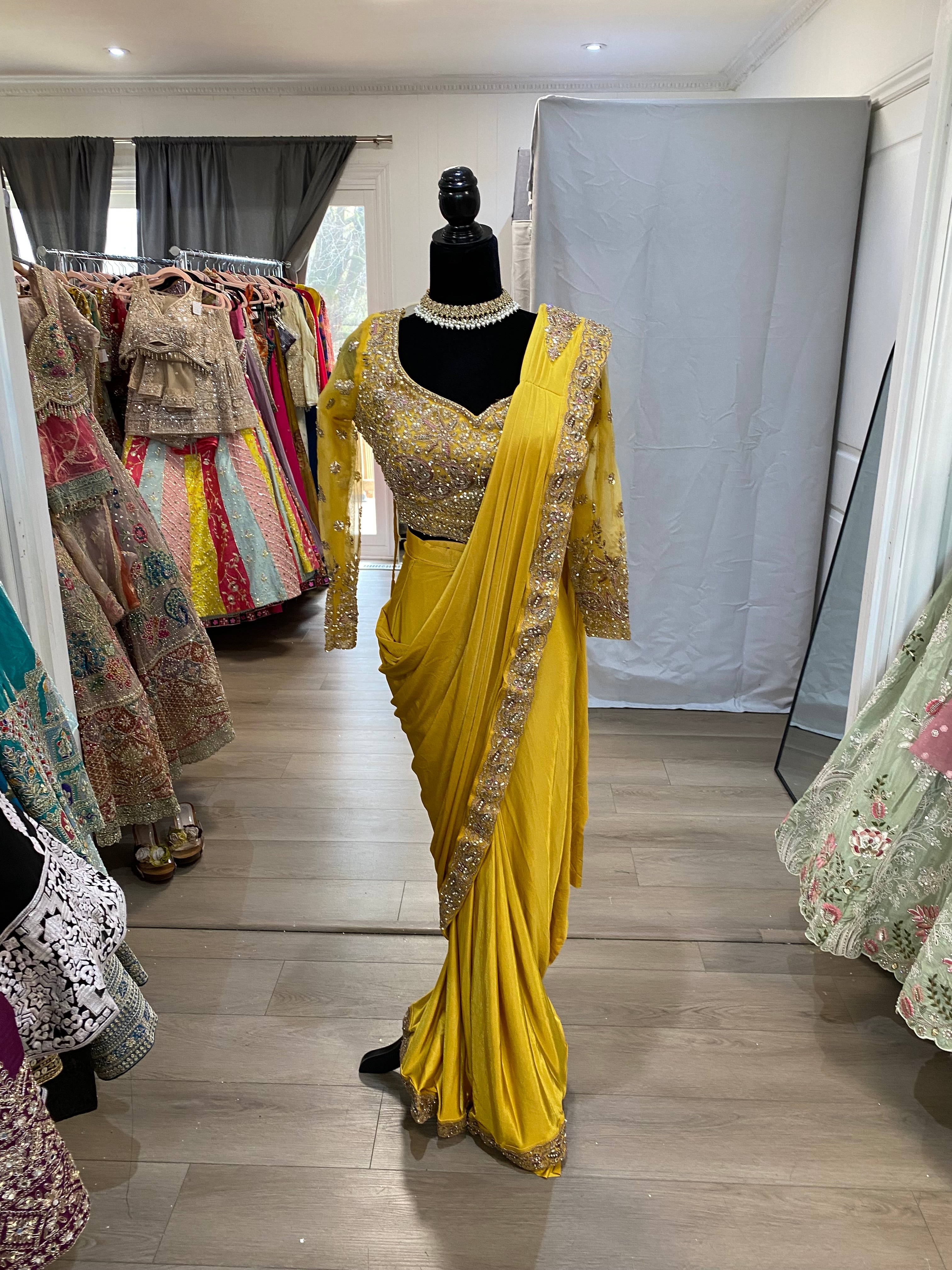 Hand work top with pre drape saree