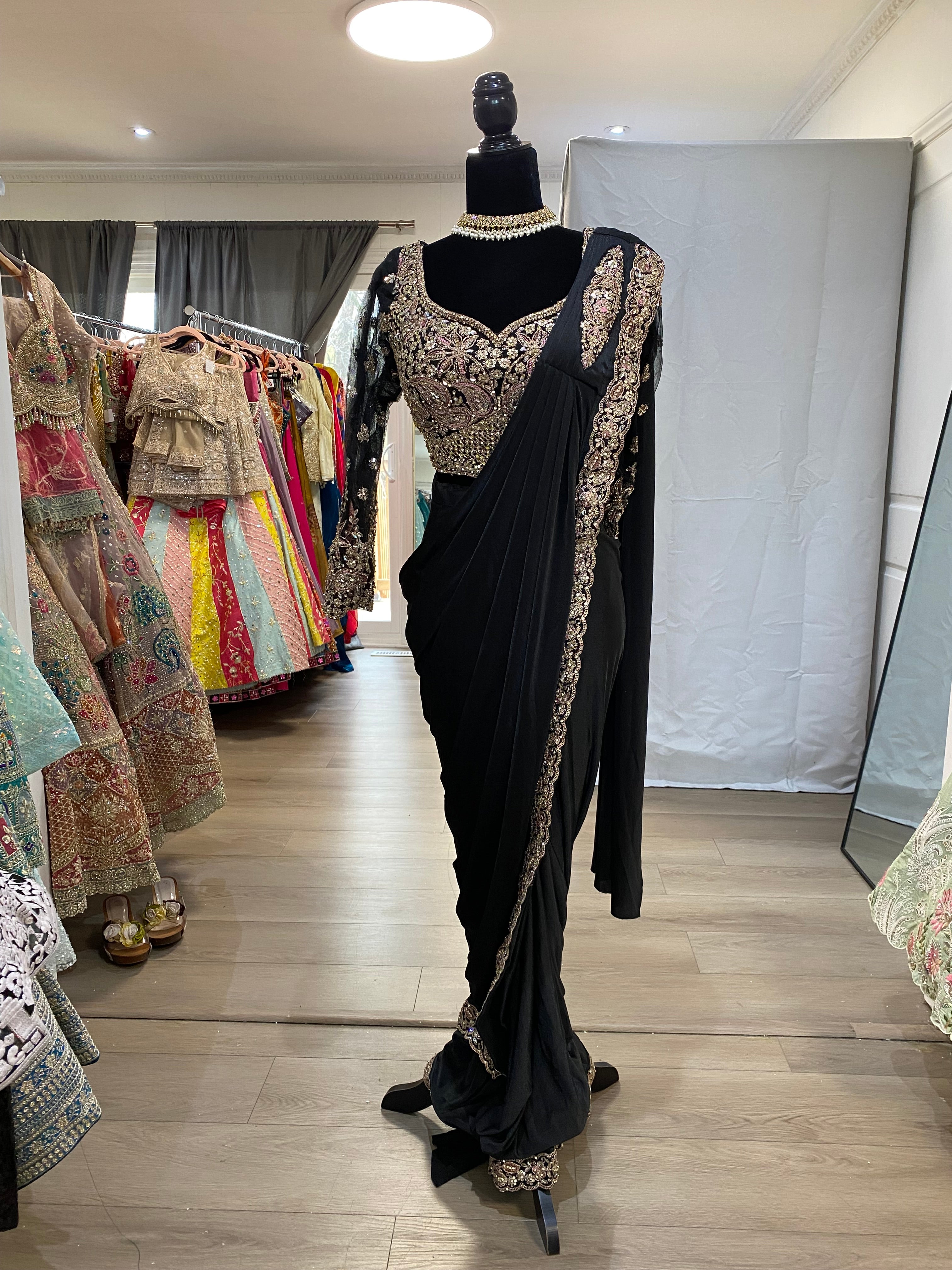 Hand work top with pre drape saree