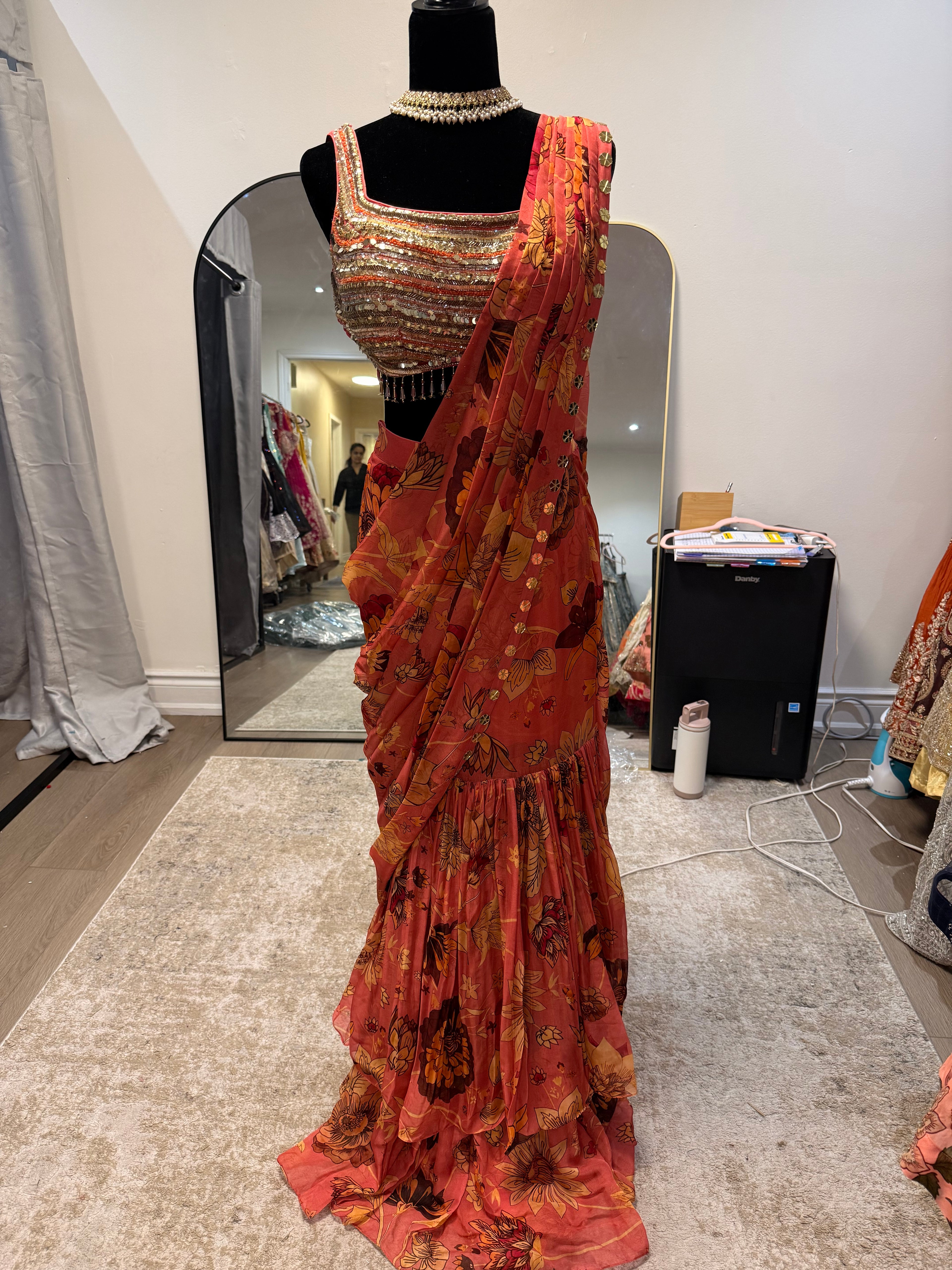 Hand work top with pre drape saree