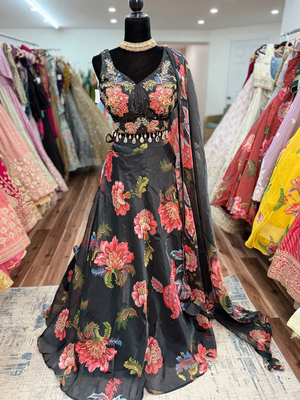 Black floral lehenga