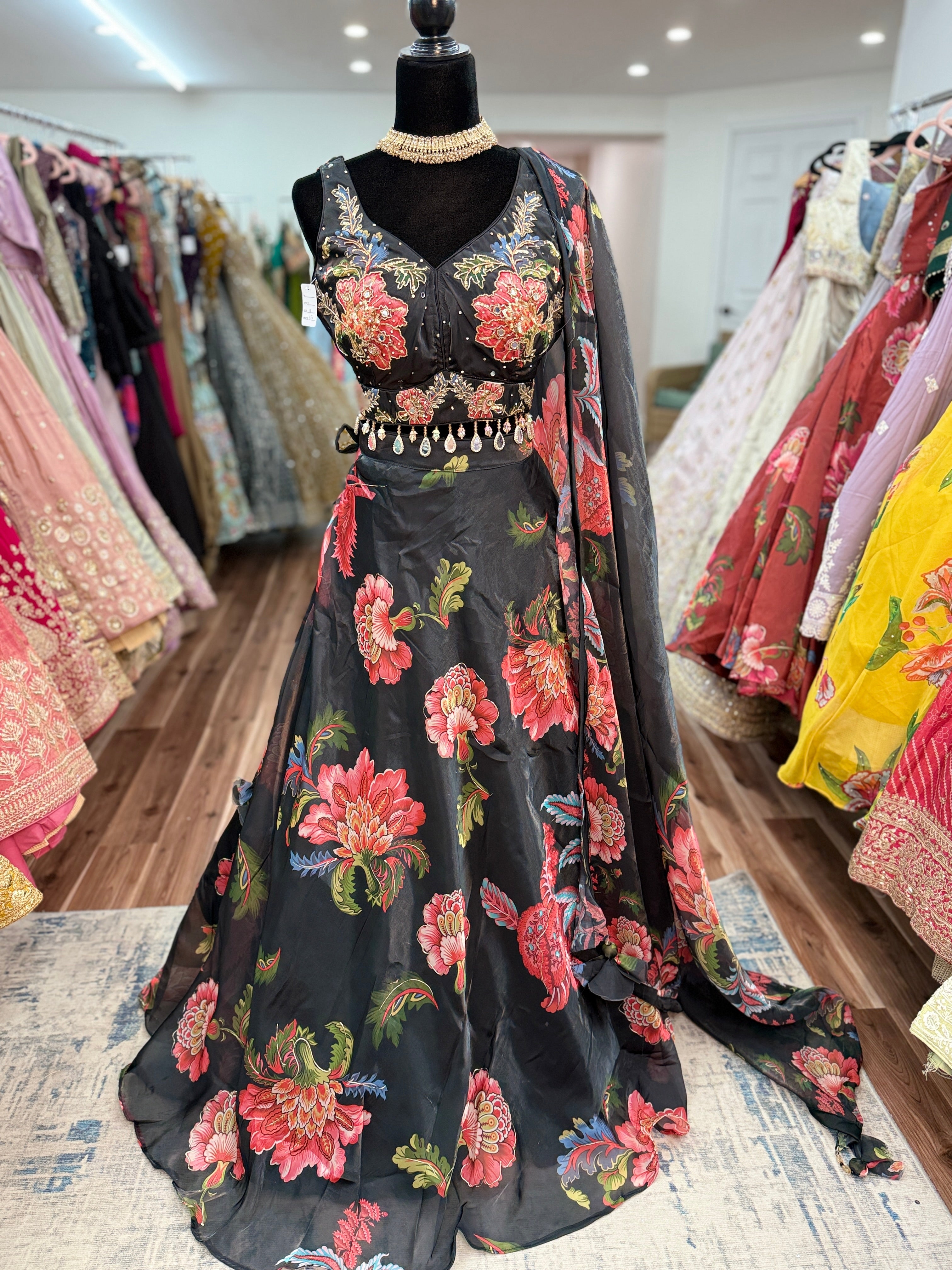 Black floral lehenga