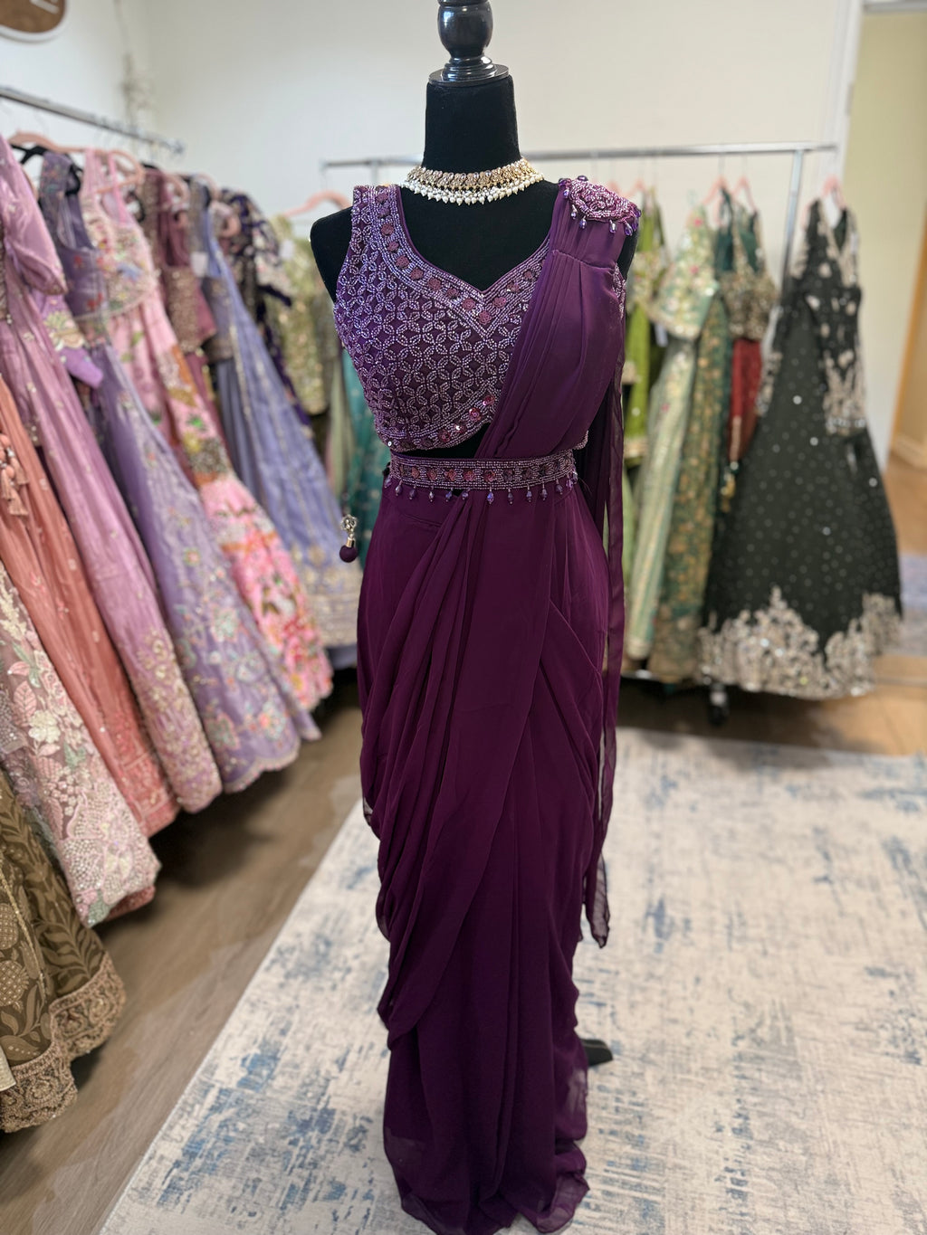 Hand work top with pre drape saree