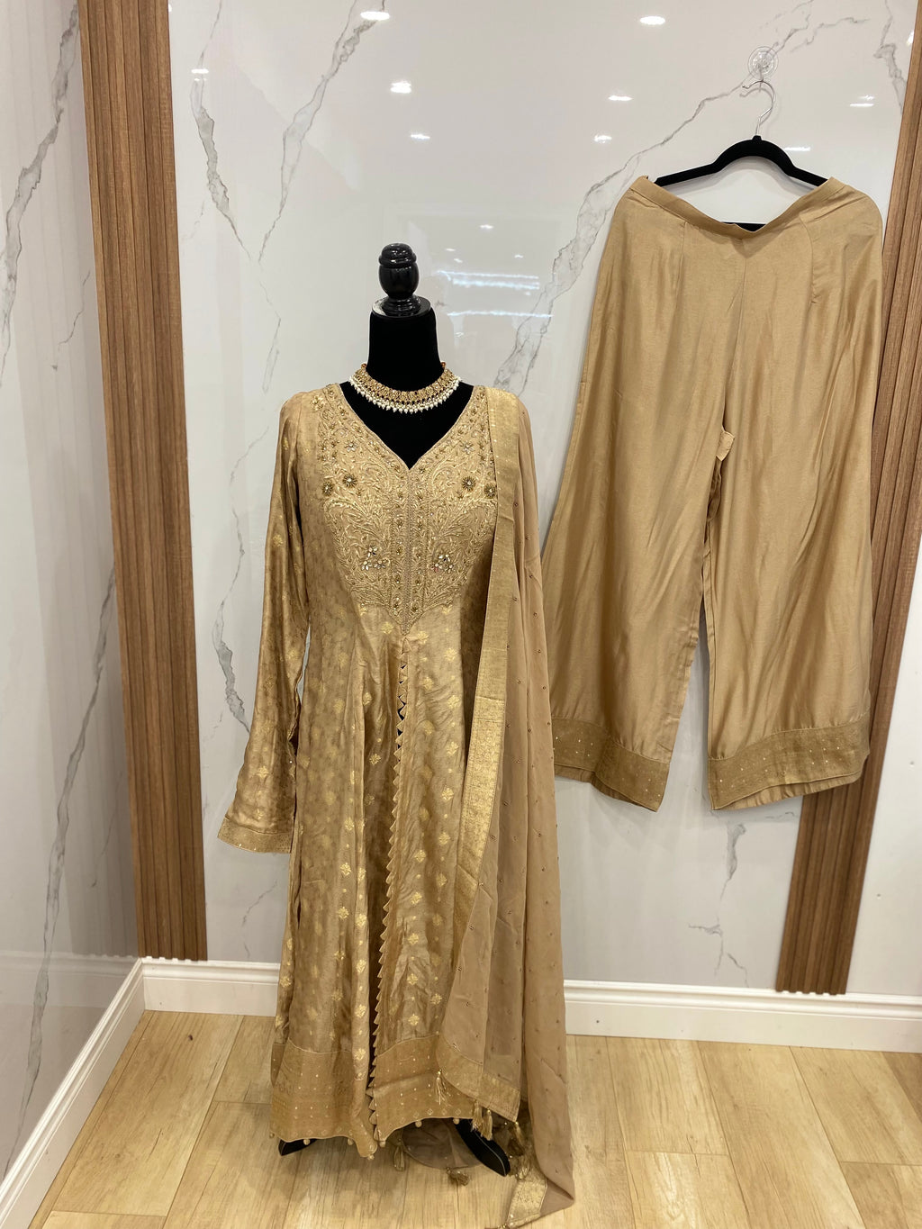 Designer front slit embroidered silk suit