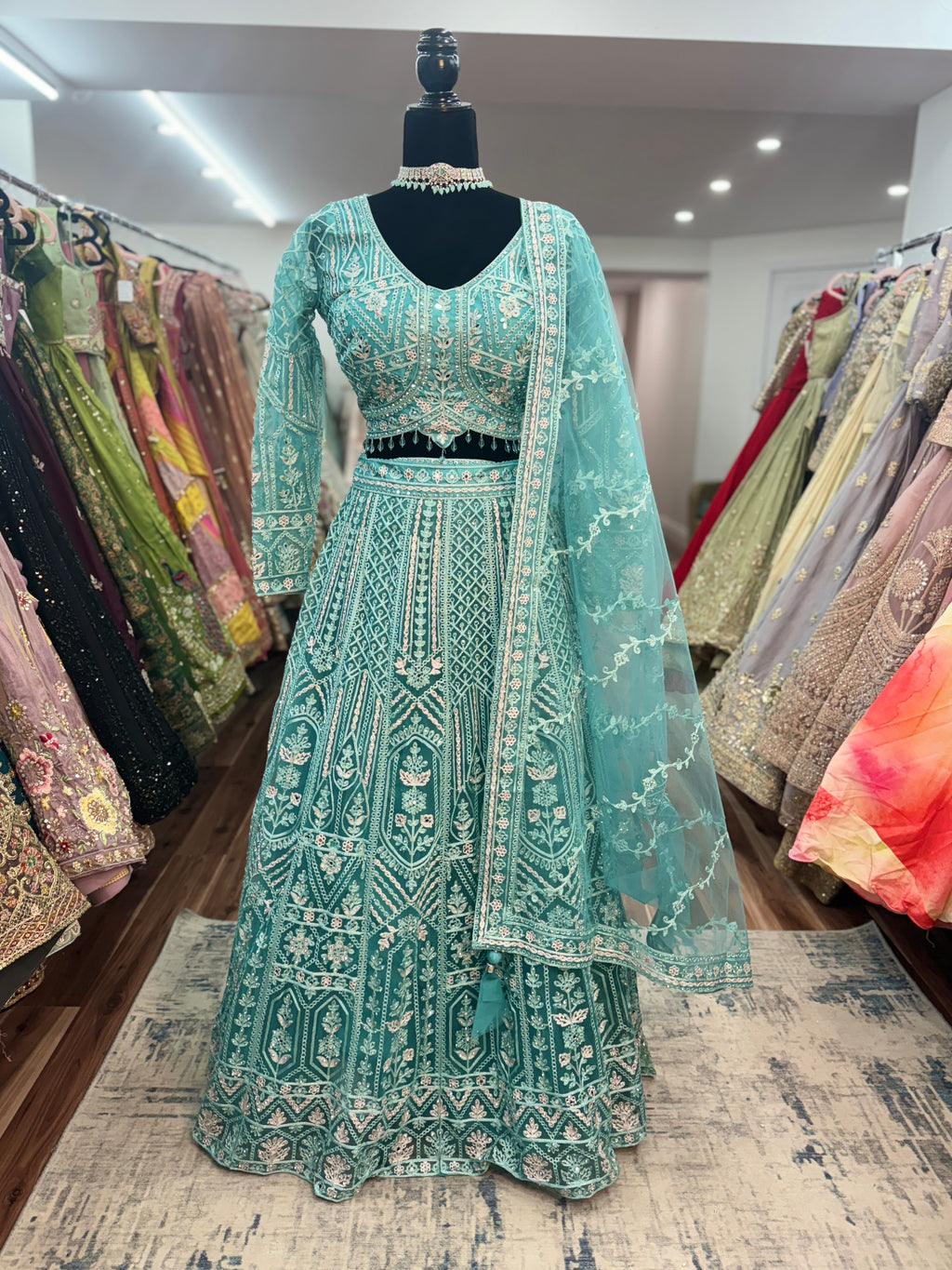 Teal mirror work lehenga