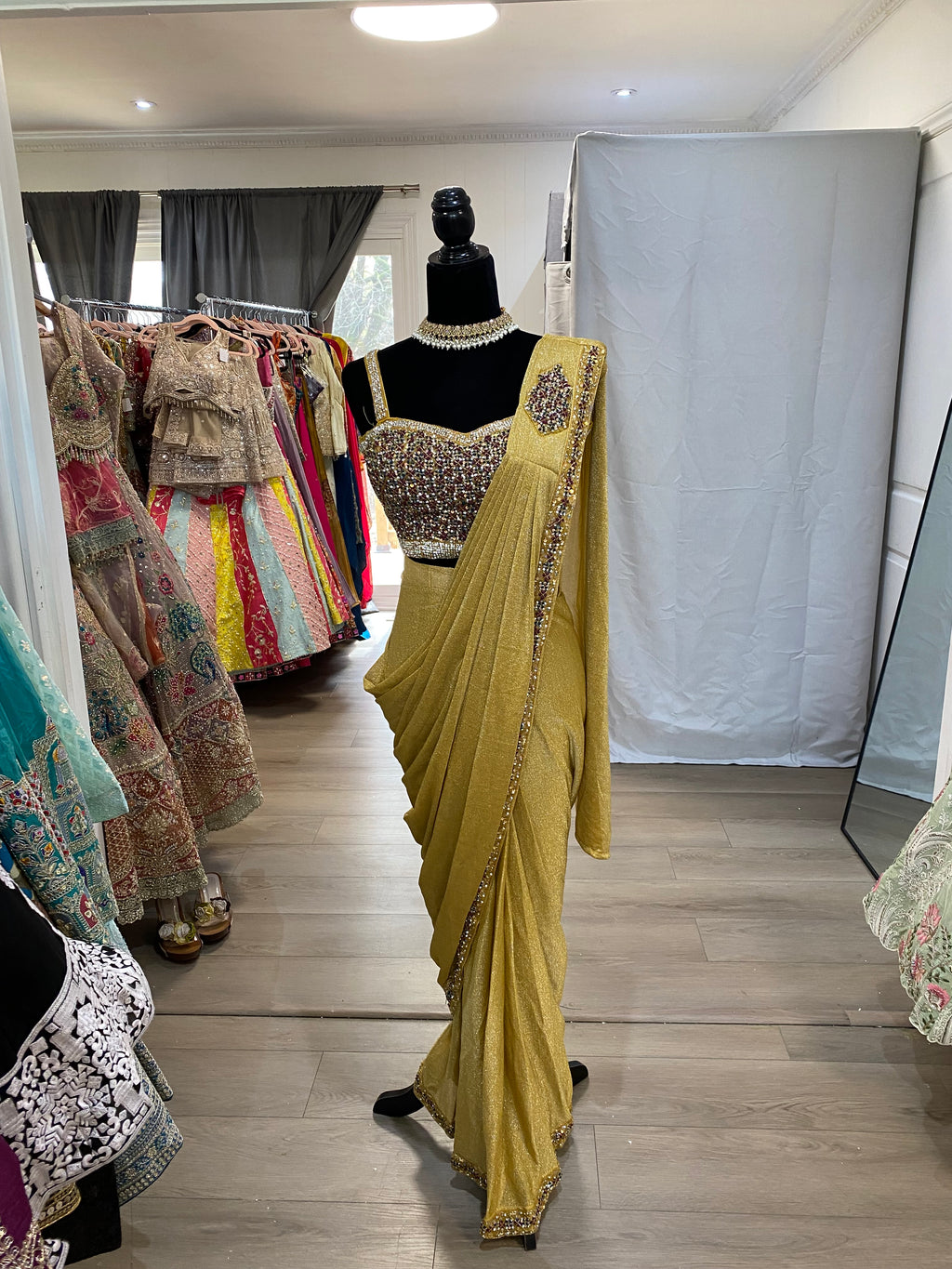 Hand work top with pre drape saree