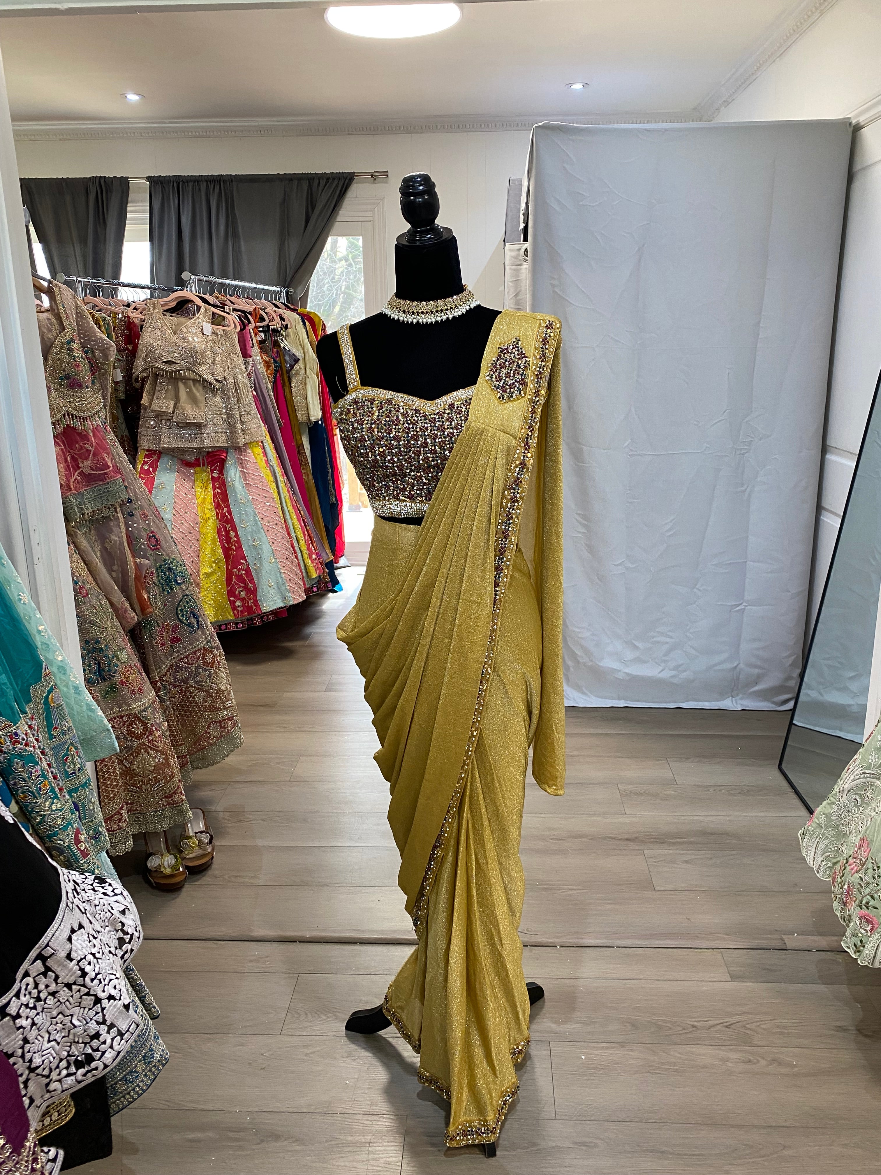 Hand work top with pre drape saree