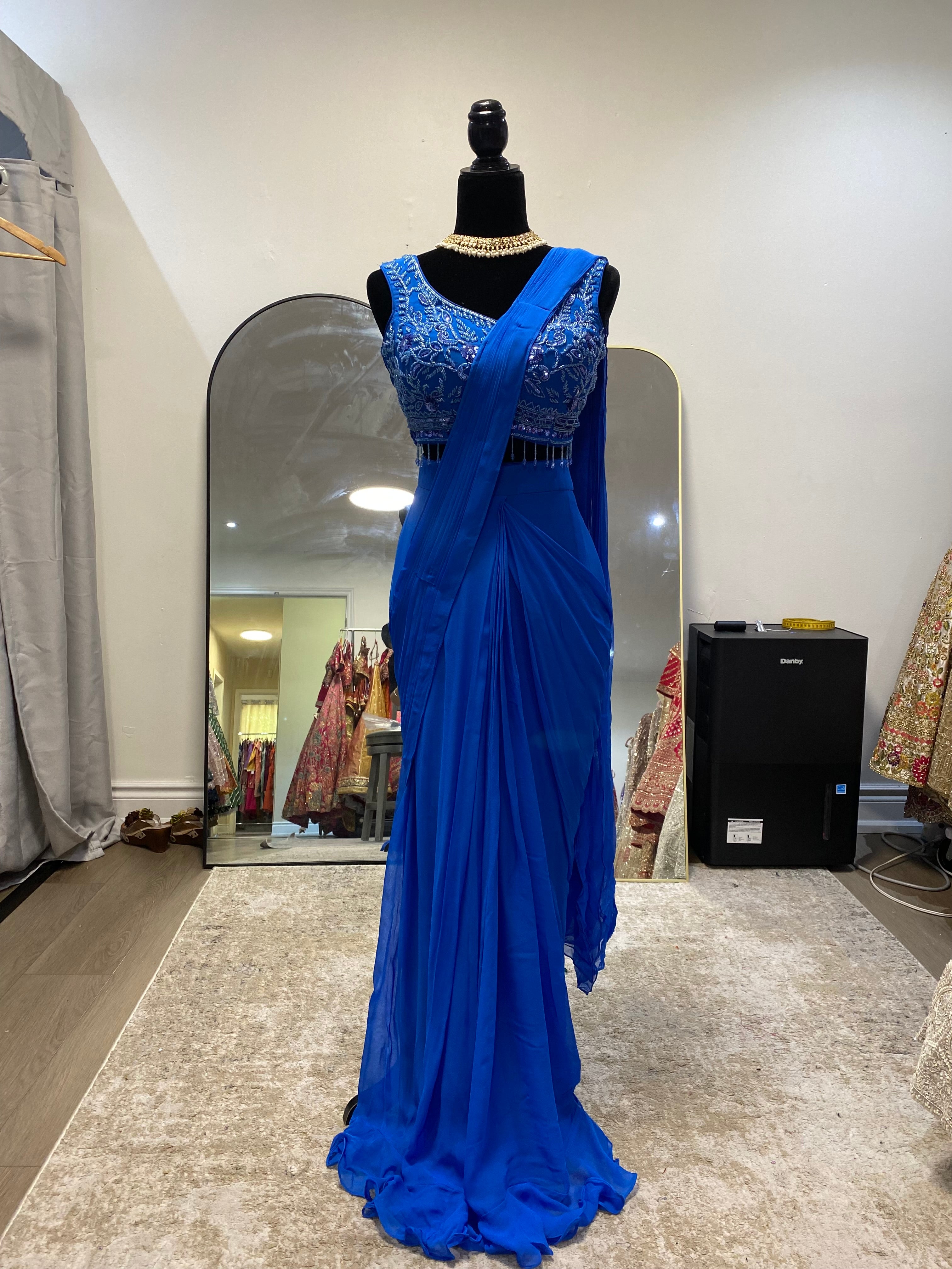 Royal blue Pre drape saree