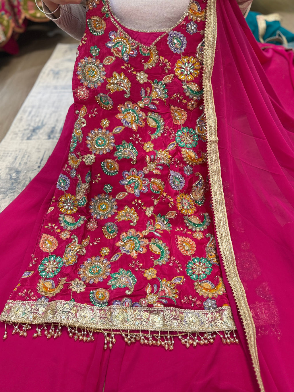 Hot pink Embroidered palazoo suit – Kanada Kulture