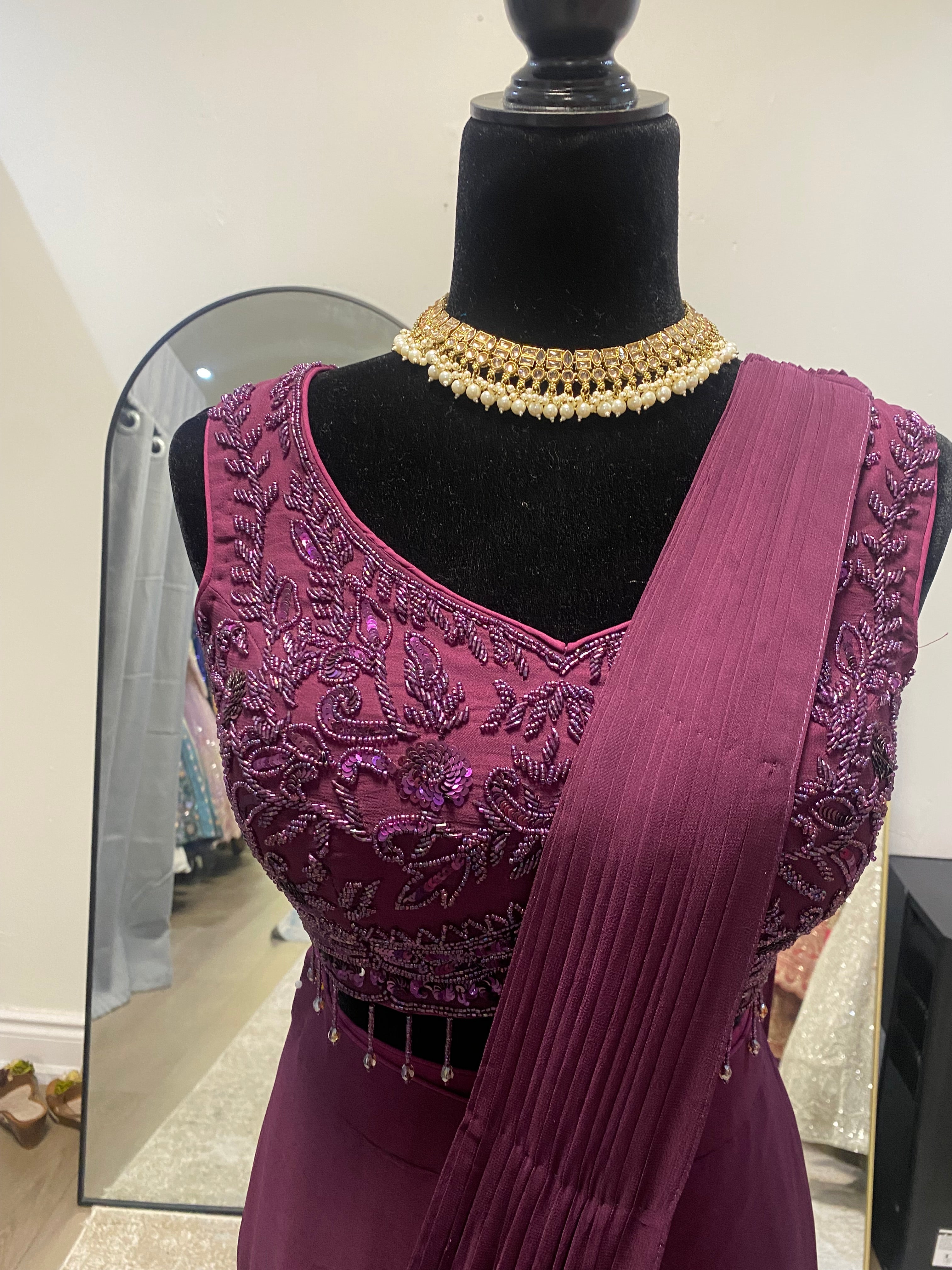 Dark plum Pre drape saree