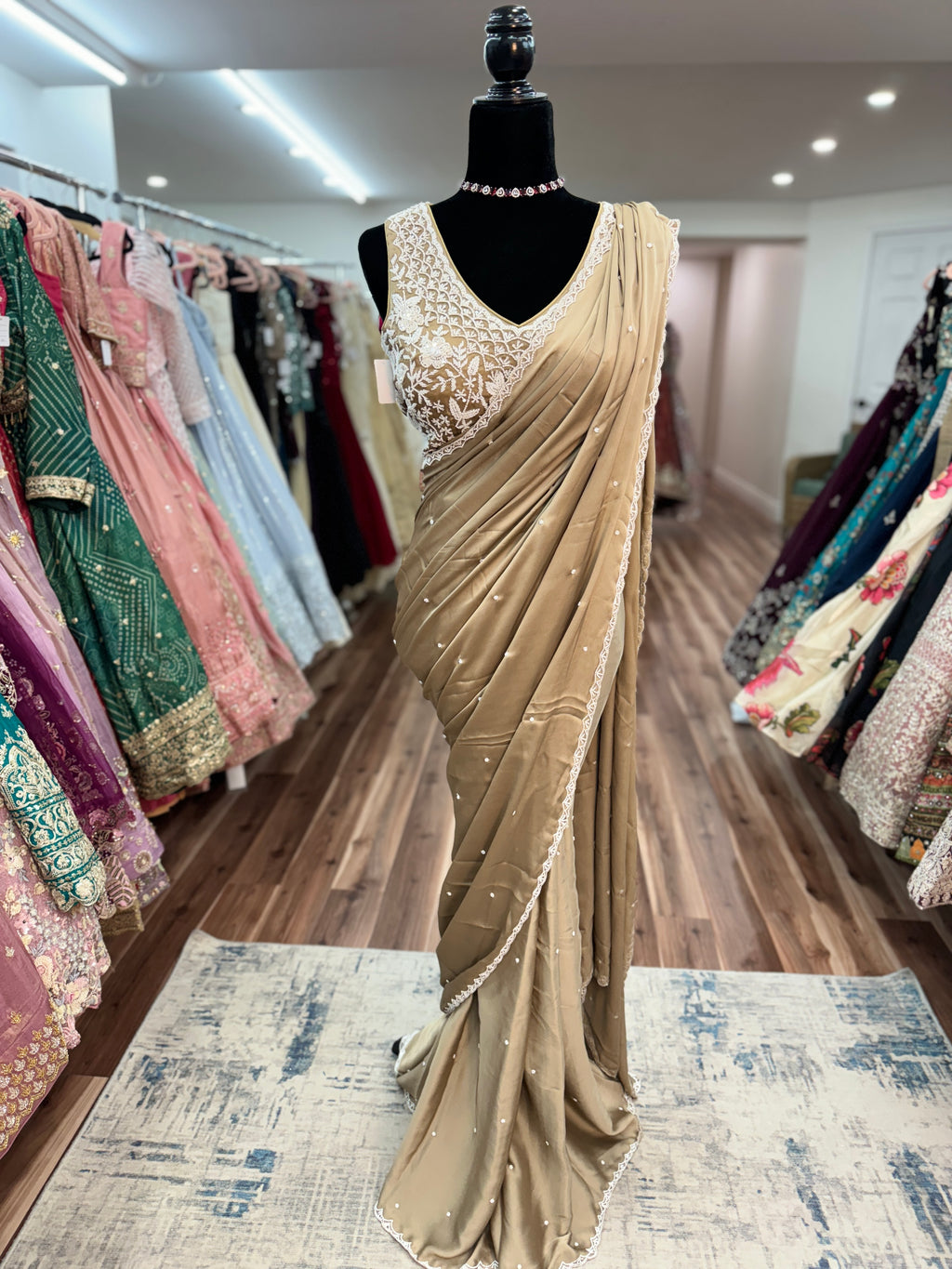 Taupe hand work top with pre drape saree