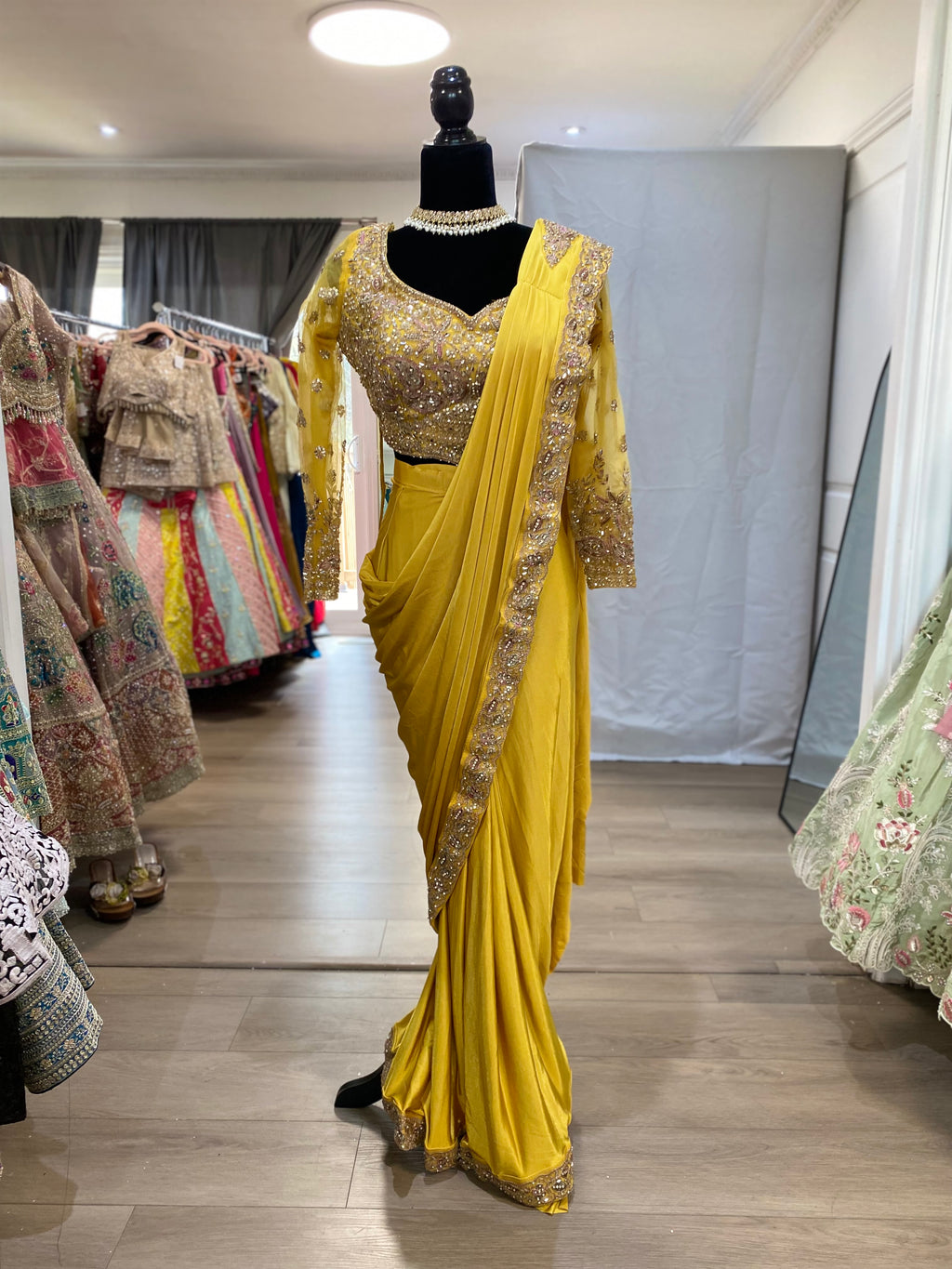 Hand work top with pre drape saree