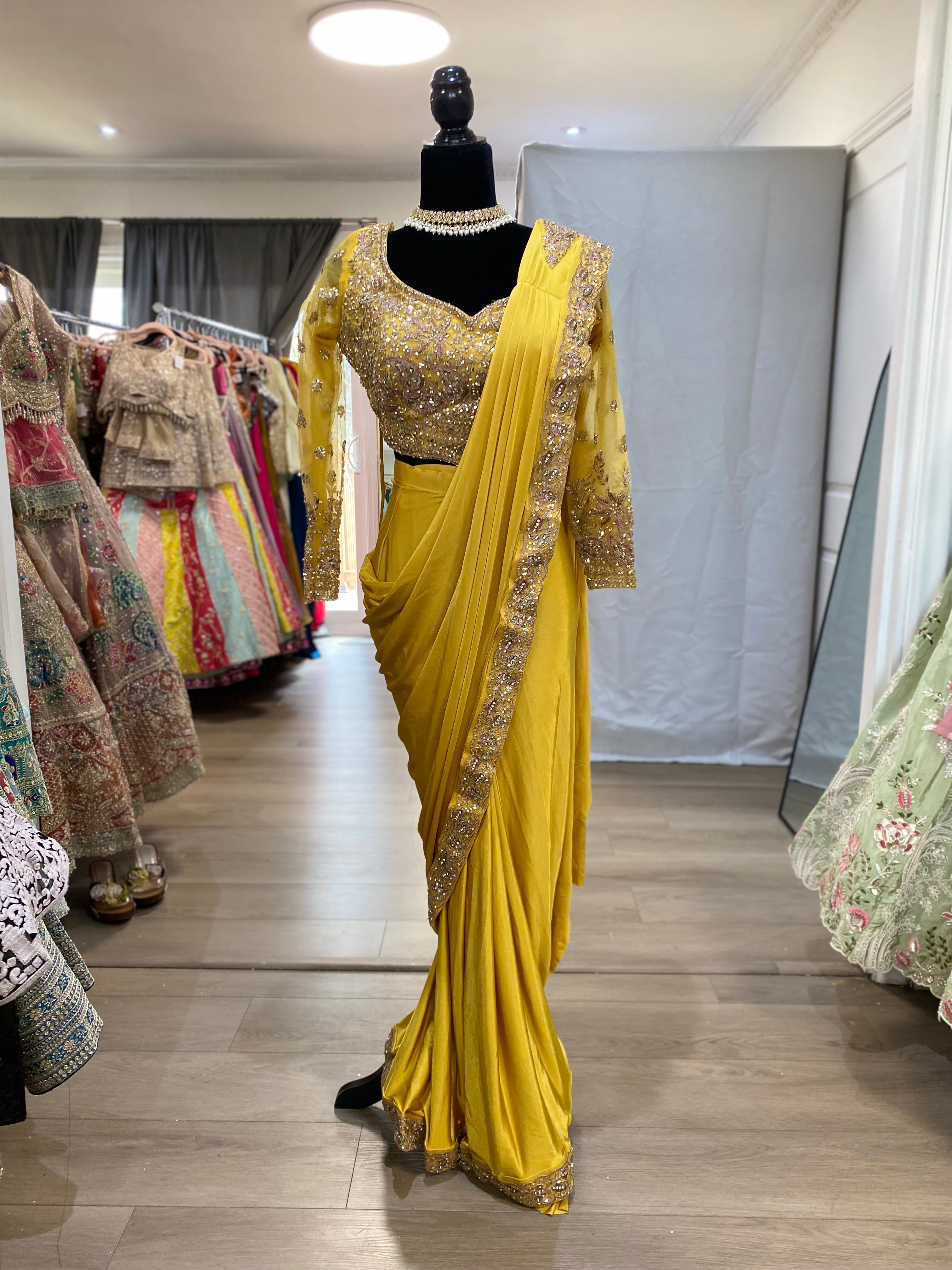 Hand work top with pre drape saree