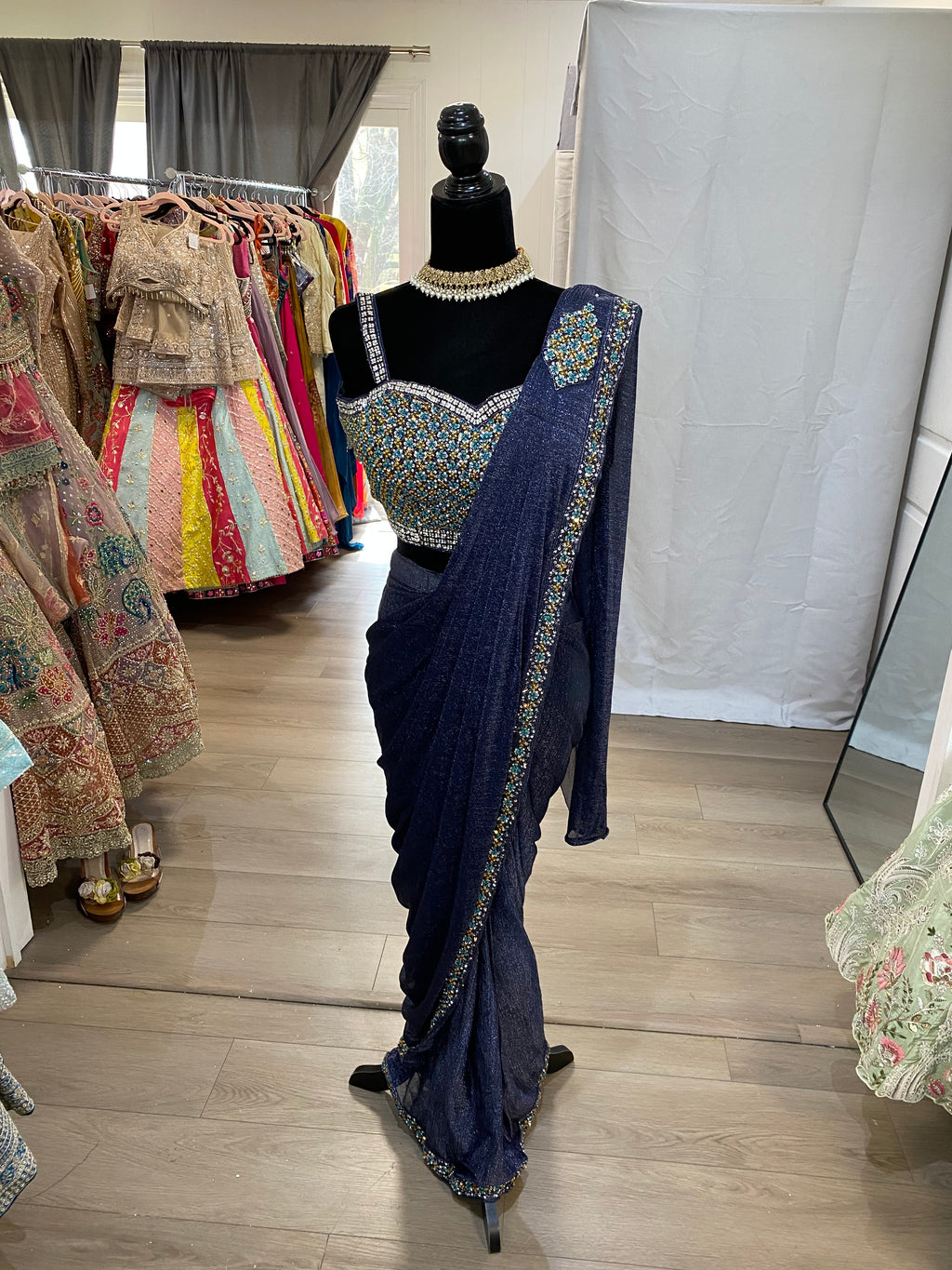 Hand work top with pre drape saree