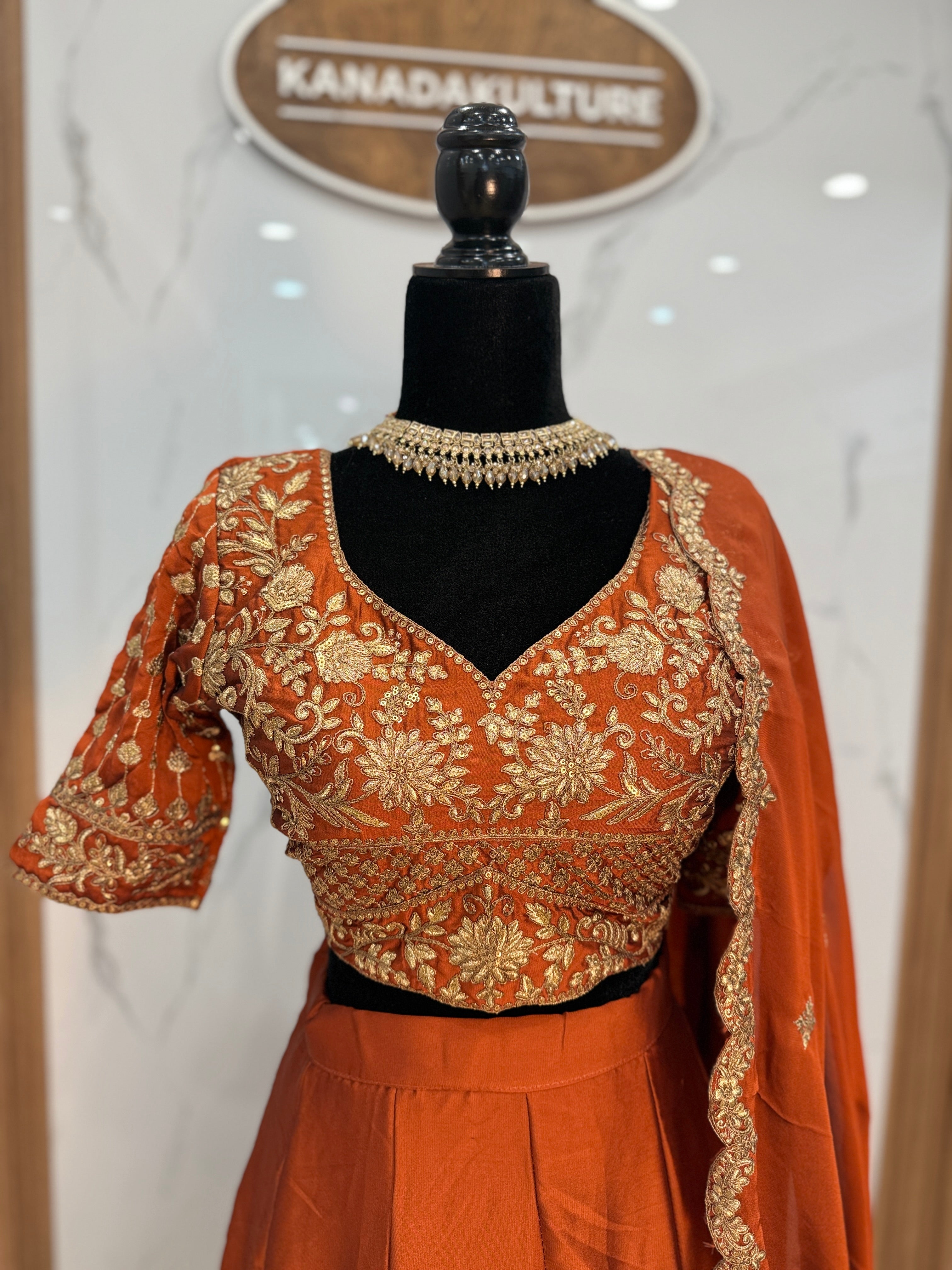 Orange Thread Embroidery Silk Wedding Wear Lehenga Choli