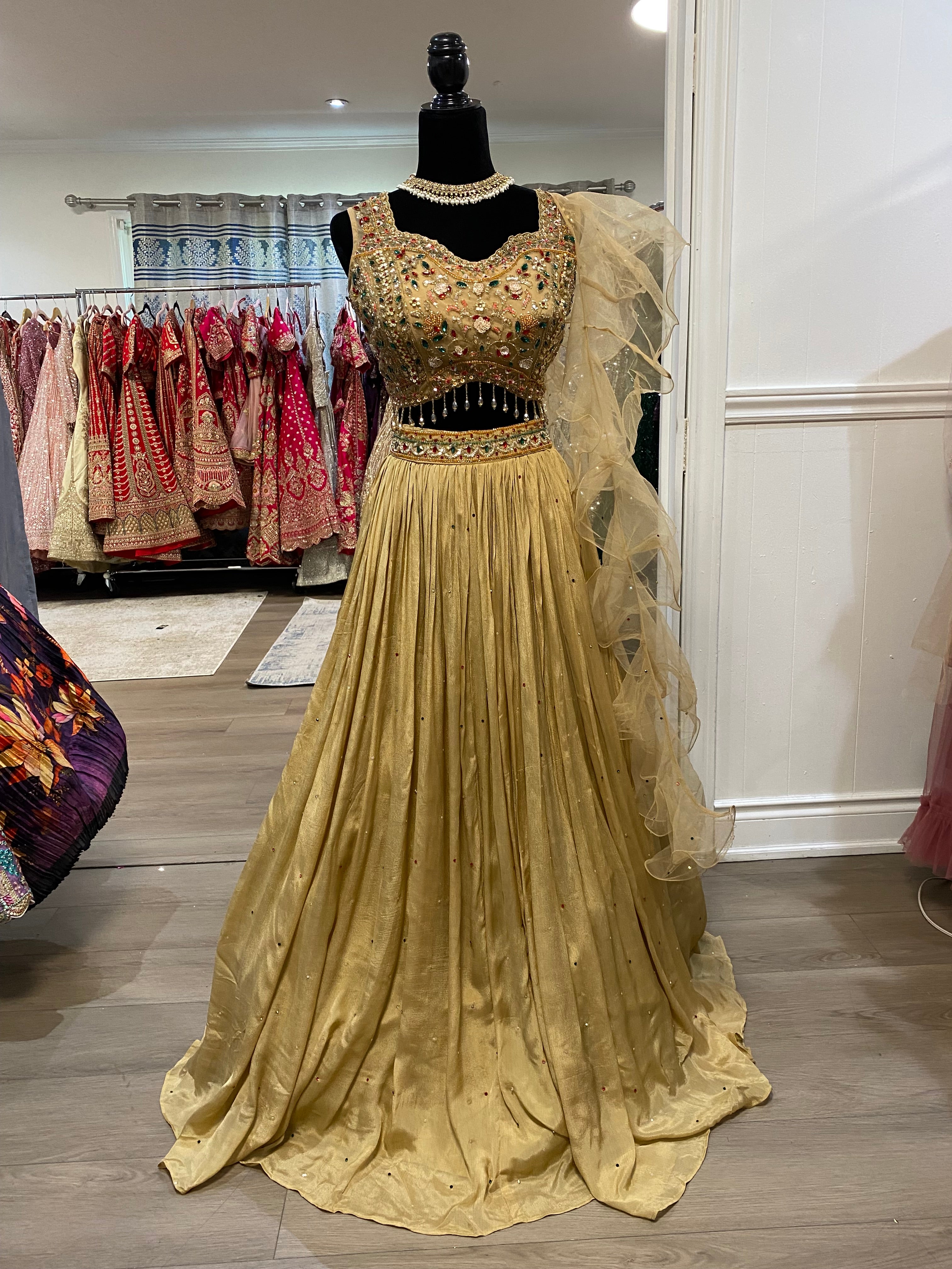 Heavy beaded work with plain lehenga ruffle dhupatta